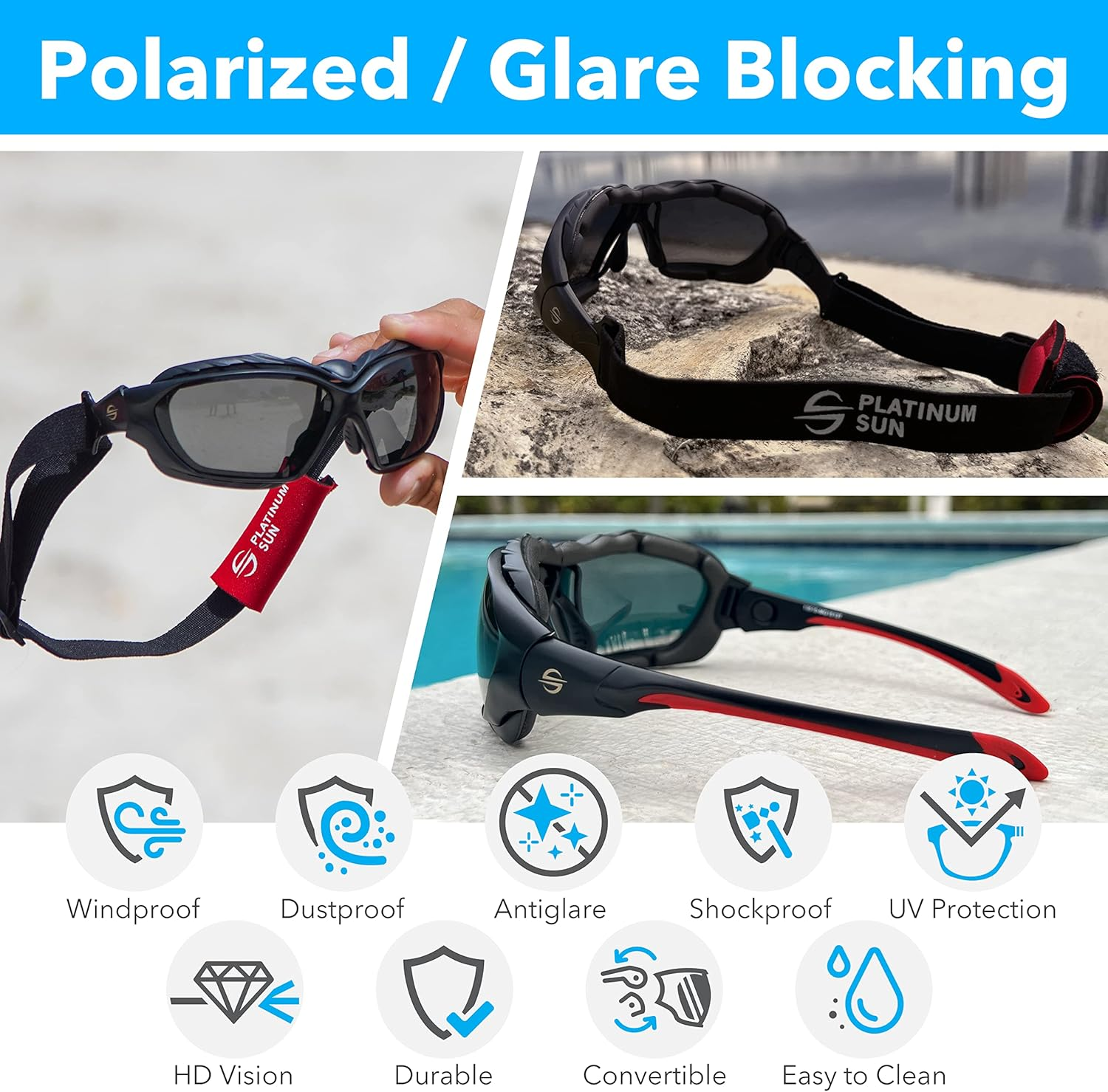 Platinum Sun Water Sport Sunglasses Floating Polarized Padded Convertible with Strap for Extreme Sports Jet Ski Goggles UV image number 5