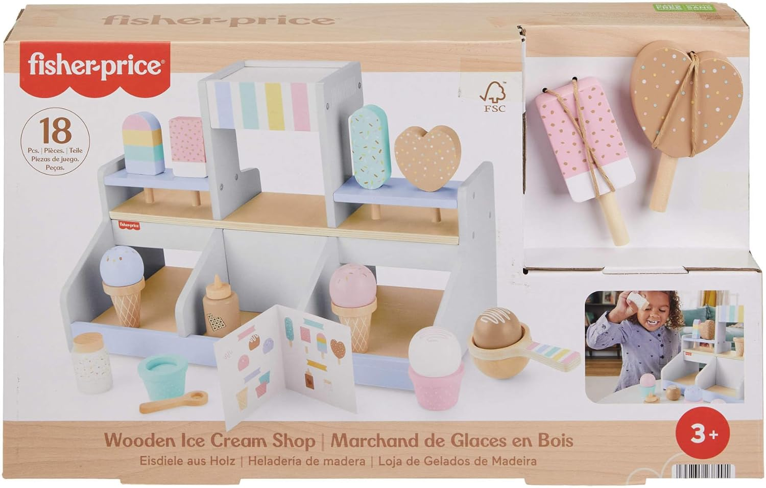 Fisher-Price Preschool Toy Wooden Ice Cream Shop Playset, 18 Wood Pieces for Pretend Play Ages 3+ Years image number 2