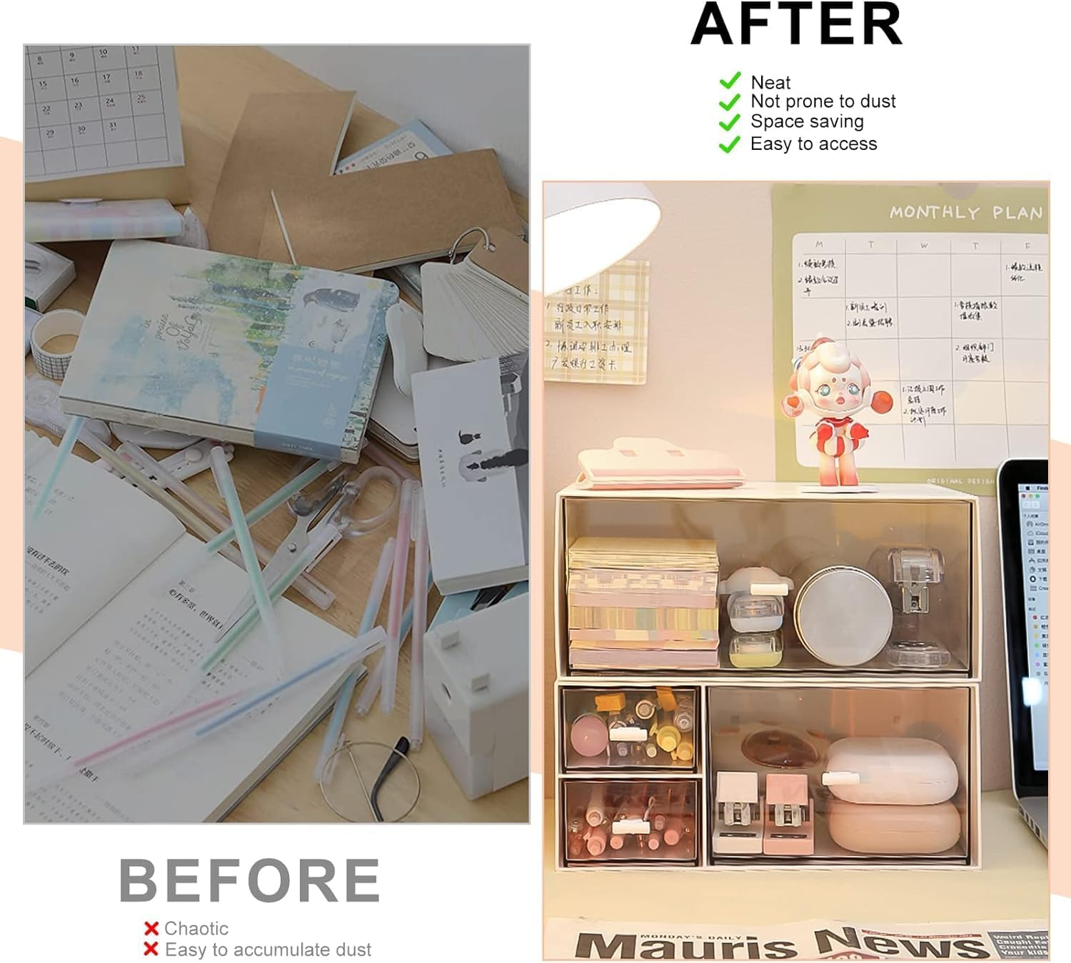 Desk Drawer Organizer, Transparent Makeup Organizer Storage Box with 4 Removable Plastic Drawers, Desk Storage and Accessories for Home Collection Cosmetics Office Bathroom Counter Dressing Table image number 6