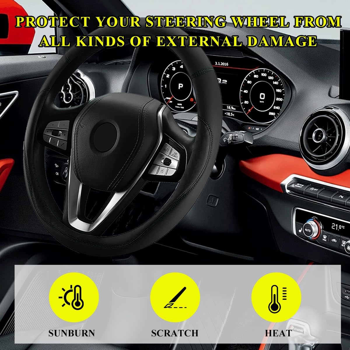 Car Steering Wheel Cover, Premium Leather Steering Wheel Protector with Anti-Slip Lining, Universal 15" Soft Breathable Auto Steering Wheel Cover, Interior Car Accessories (Black) - Black image number 2