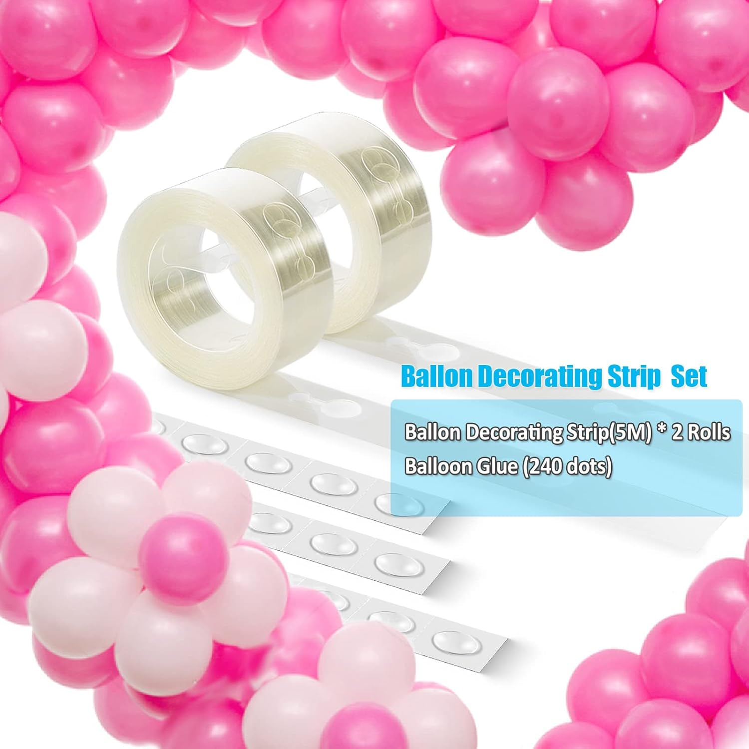 YHYZ Balloon Arch Tape Strip and Dots Kit, 10M (2 Roll, 5M/Roll ) Balloon Garland Strip Tape + 240 Dots Balloon Glue Point (Stick Well, Easy to Remove), for Birthday Party Wedding Decoration image number 1
