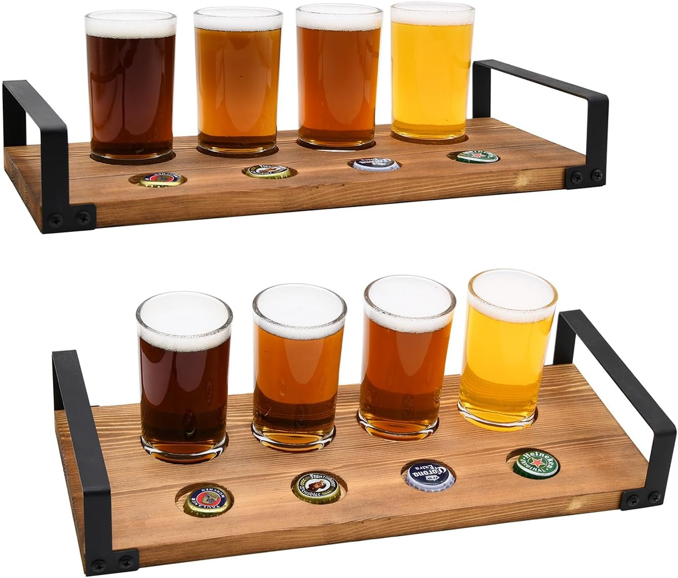 Owlgift Wood Craft Beer Flight W/Bottle Cap Storage Sampler Tray Holder Serving Set W/ 4 Glasses & Black Metal Handles &ndash; Dark Brown, Set of 2 image number 4