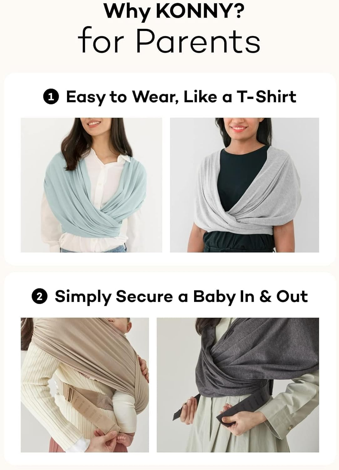 Konny Baby Carrier Flex Elastech - Adjustable, Easy to Wear and Wrap Baby Sling, Baby Wrap Carrier, Perfect for Newborn Babies Essentials up to 44 Lbs, (M-4XL) - Black image number 5