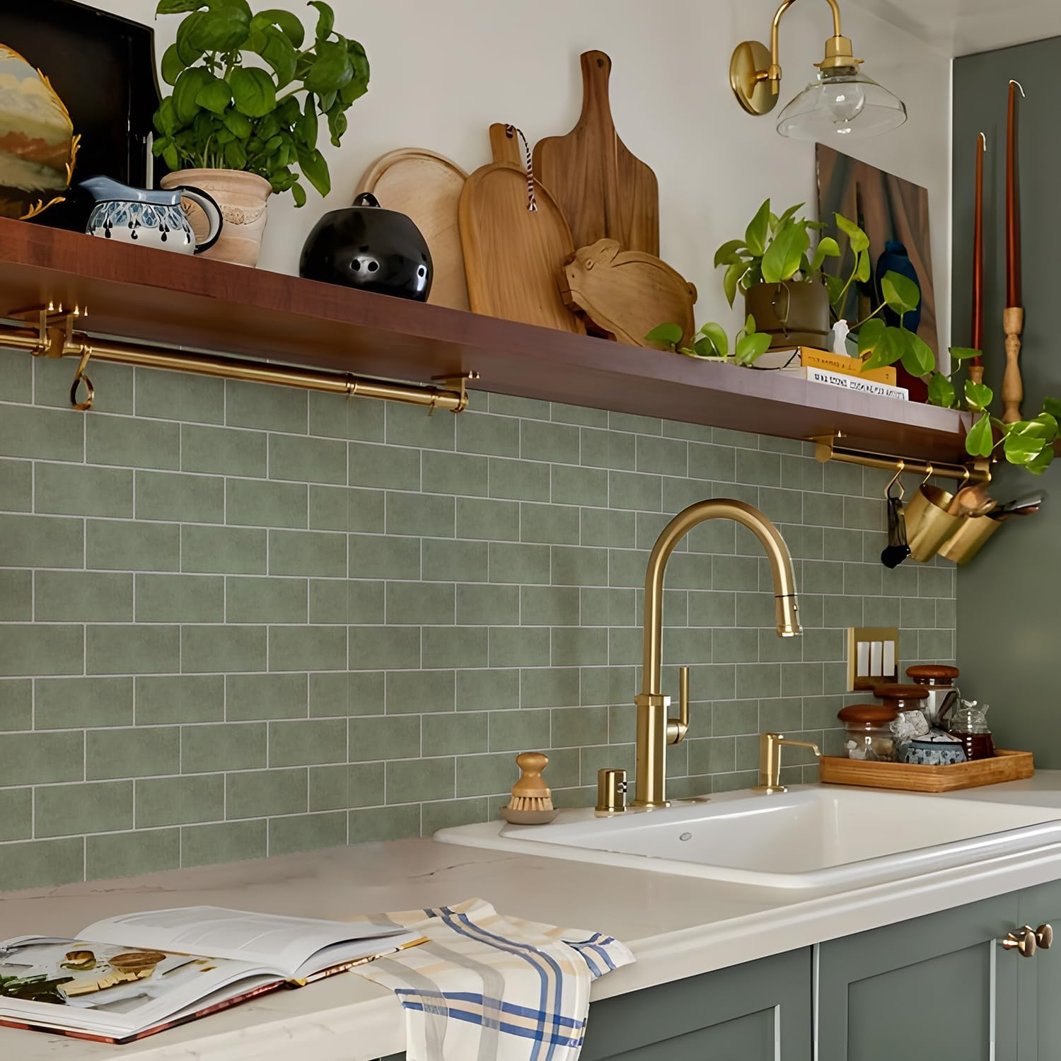 Alwayspon Tile Sticker, Sage Green Brick Self Adhesive Stick on Tiles Transfer Sticker for Bathroom Kitchen, Splashback, Peel and Stick Vinyl Floor Wall Tiles Sticker, 10Pcsx20Cm/8Inch image number 2