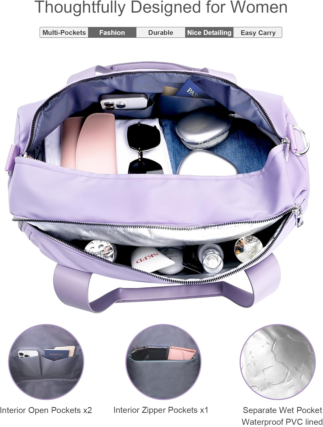 Gym Bag for Women,Pu Leather Handle,Dry Wet Separated with Shoe Compartment & Wet Pocket,Waterproof Duffle Bag for Travel Sports Fitness Workout Athletic (Purple, 19" Medium Size) image number 3