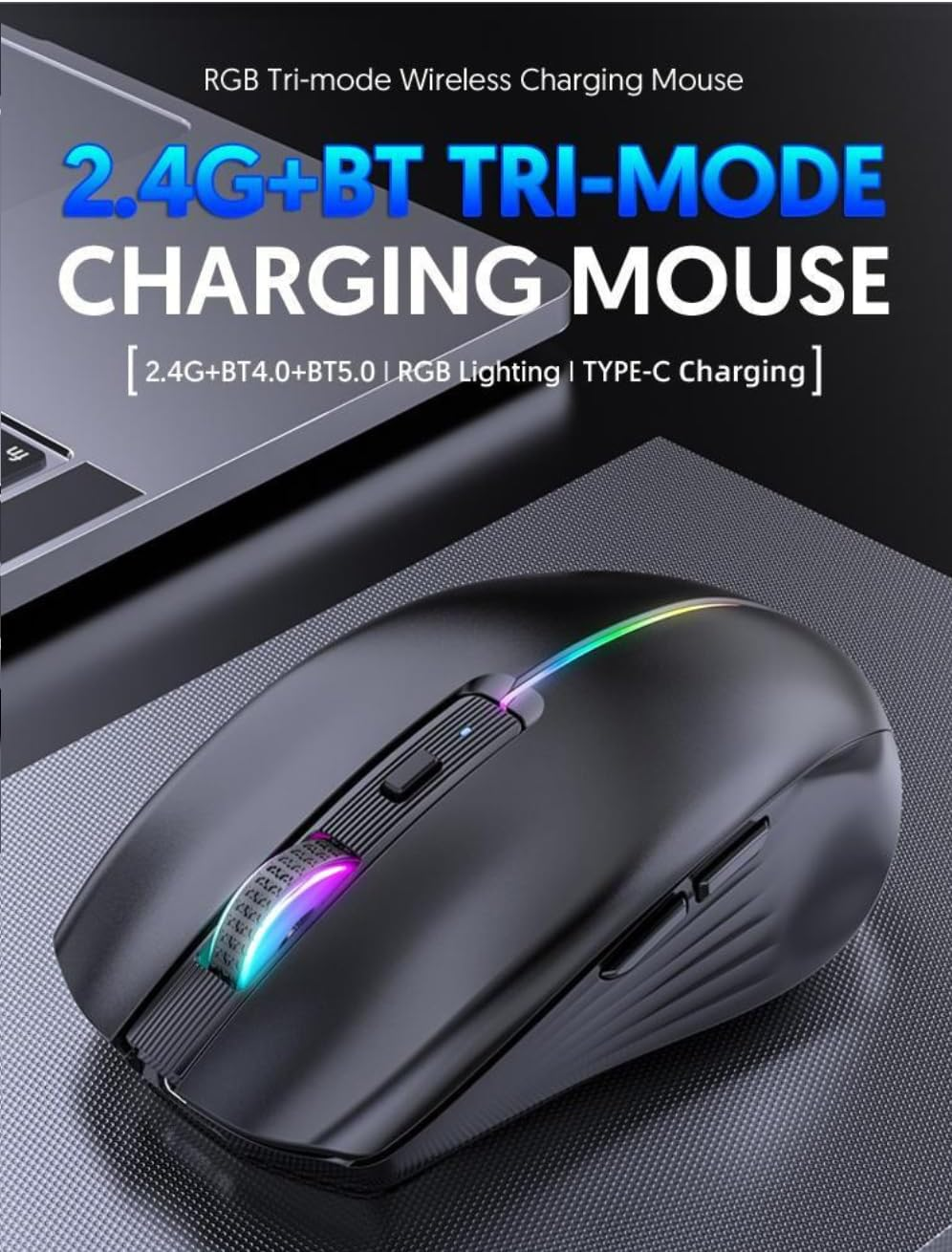 Bluetooth Mouse, Multi-Device Rechargeable Silent 6-Button Wireless Mouse Tri Mode BT 5.0+BT4.0+2.4G with RGB Backlight, 1600DPI Ergonomic Mouse for Mobile/Tablets, Laptop PC image number 1