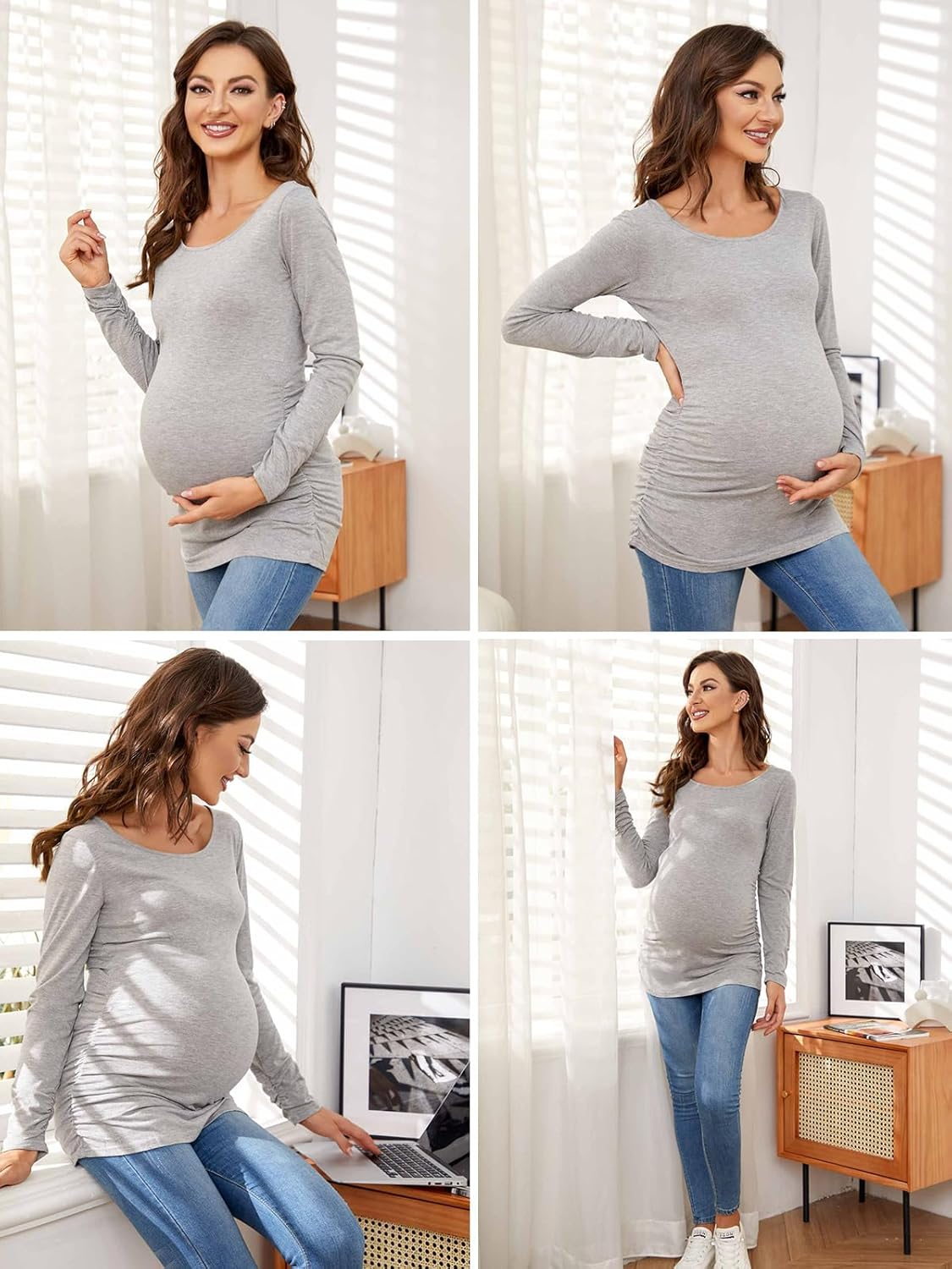 Love2Mi 3Pack Women'S Maternity Tops Long Sleeve Flattering Side Ruched Maternity Shirt Maternity Clothing