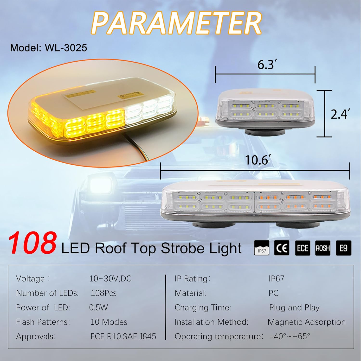 108LED Roof Top Mini Emergency Strobe Light Bar for Vehicle, Flashing Safety Warning Light with Magnetic Base, Beacon Light for Snow Plow, Truck, Construction Vehicle (Amber/White)
