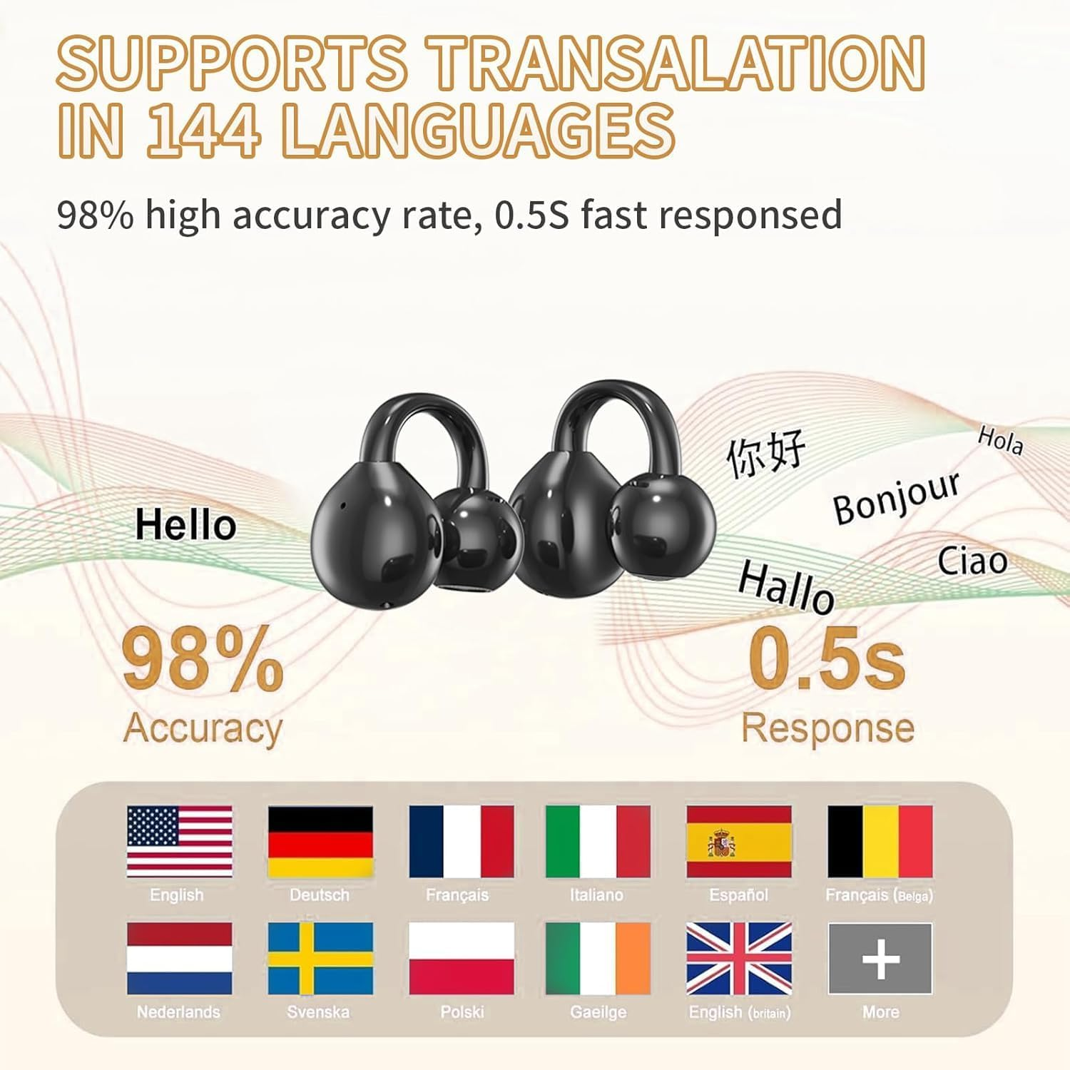 B-Qtech Language Translation Earbuds, 144 Languages Real Time Translator Earbuds with LCD Color Touch Screen, Two-Way Translator Earphones for Language Learning/Travel/Business image number 4