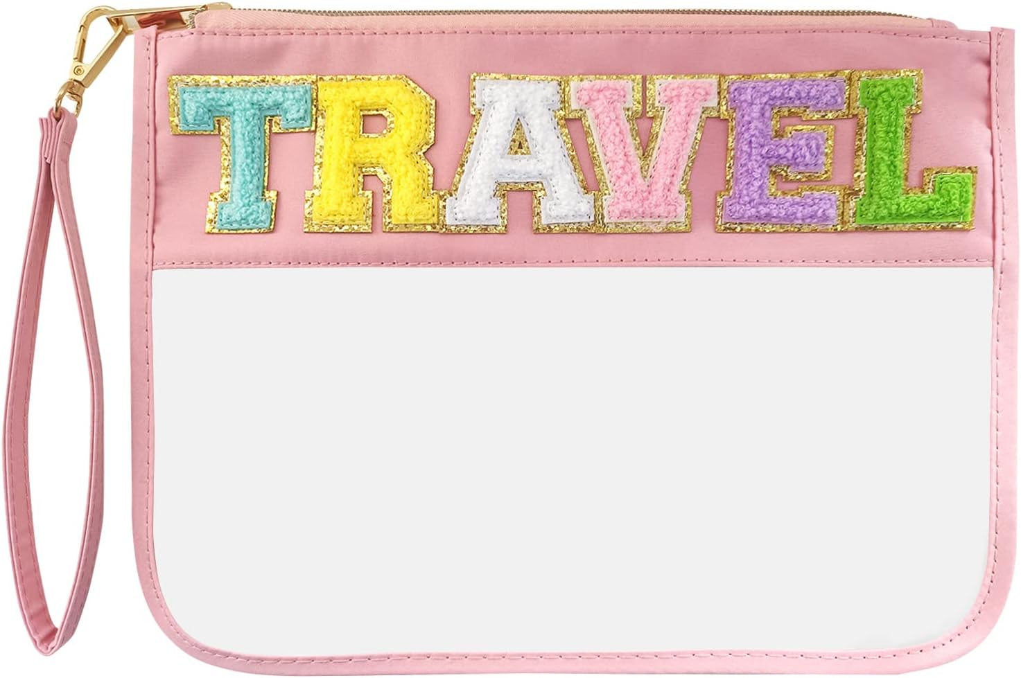 Chenille Letter Clear Zipper Flat Transparent Waterproof Cosmetic Bag Travel Makeup Bag with Zipper Toiletry Bag with Preppy Patch for Women and Kids, Medicines, Cosmetic Bag/Makeup Bag