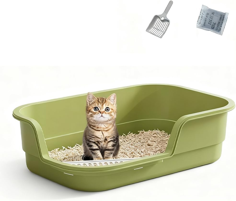 Extra-Large Semi-Enclosed Cat Litter Box, Anti-Splash Open Top Pussy Pan, Mint Green with Scoop, Odor Bag & Leak-Proof Board for Cats up to 40Lbs (49X35.5X13Cm) image number 1