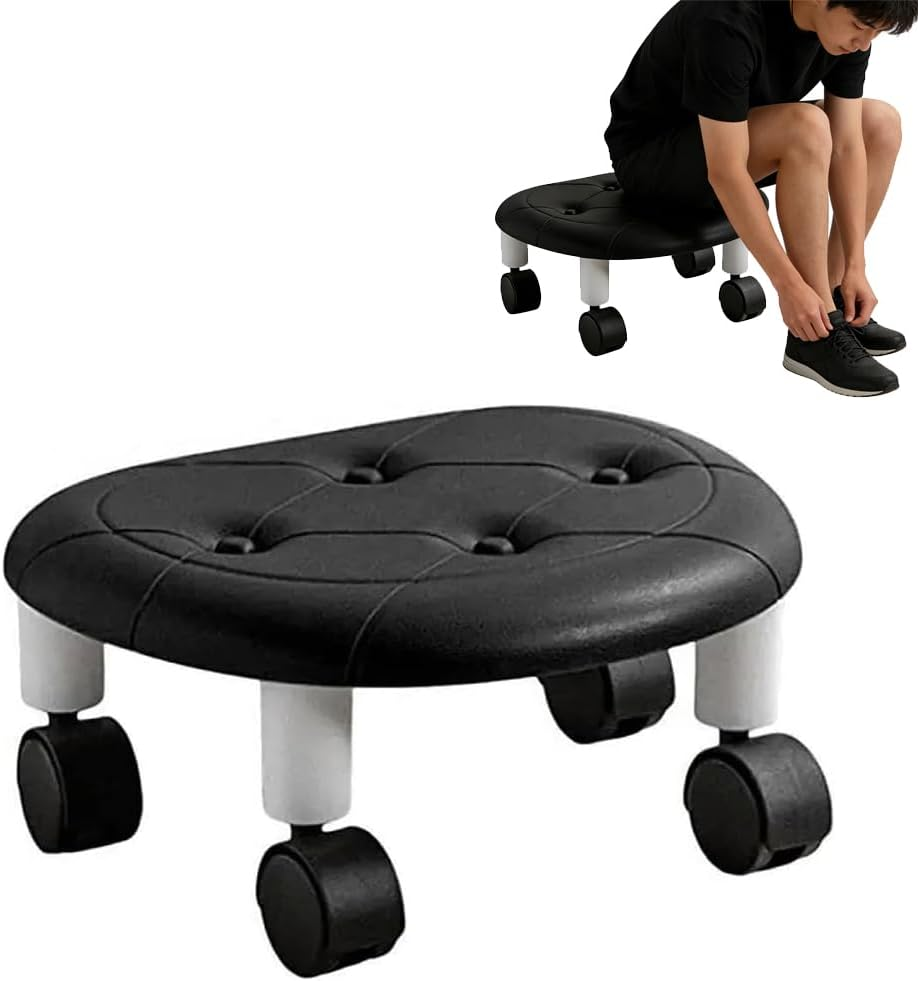 Mini Rolling Stool with Wheels &ndash; 360&deg; Swivel Low Stool, Portable Faux Leather Seat for Home, Garage, Workshop, Shoe Bench, Black