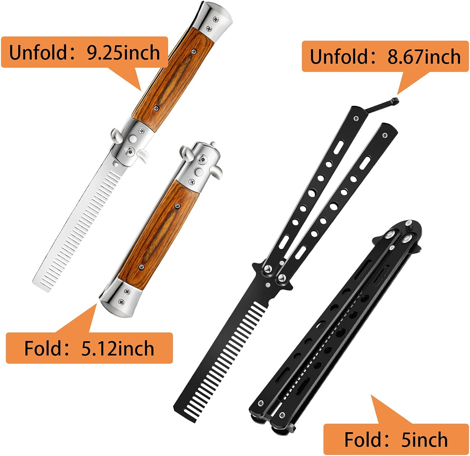 Chengu 2 Pieces Wood Grain Switchblade Blade Pocket Hair Brush Comb Automatic Push Button Brush and Folding Butterfly Stainless Steel Training Practice Comb Outdoor(Black) image number 1