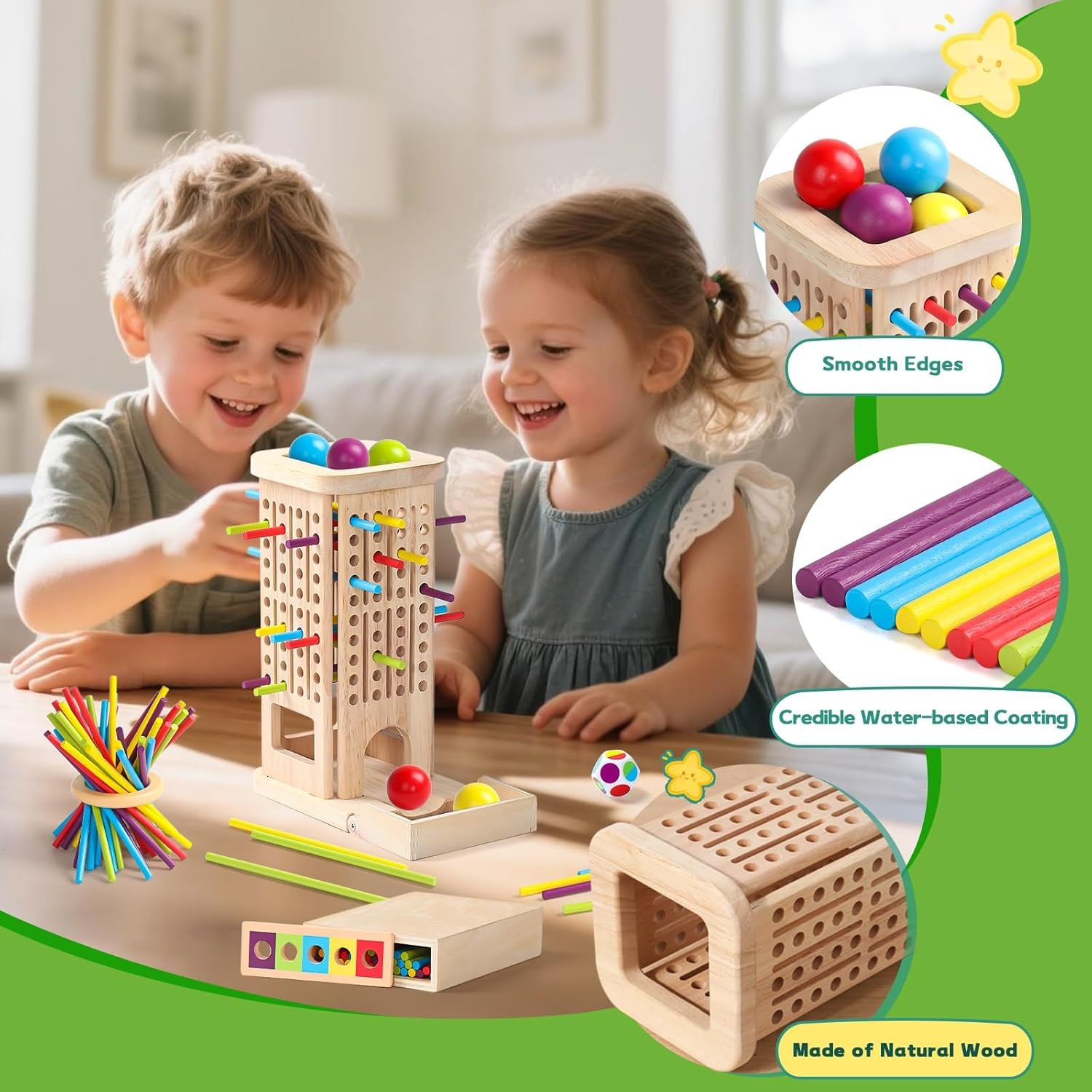 Montessori Educational Toys for 3 Year Old Fine Motor Skills Toys for 5 Year Old Wooden Board Game - with Colorful Sticks, Dice & Stones, Family Game Gifts for Age3 4 5 6 7 8 Boys Girls image number 3