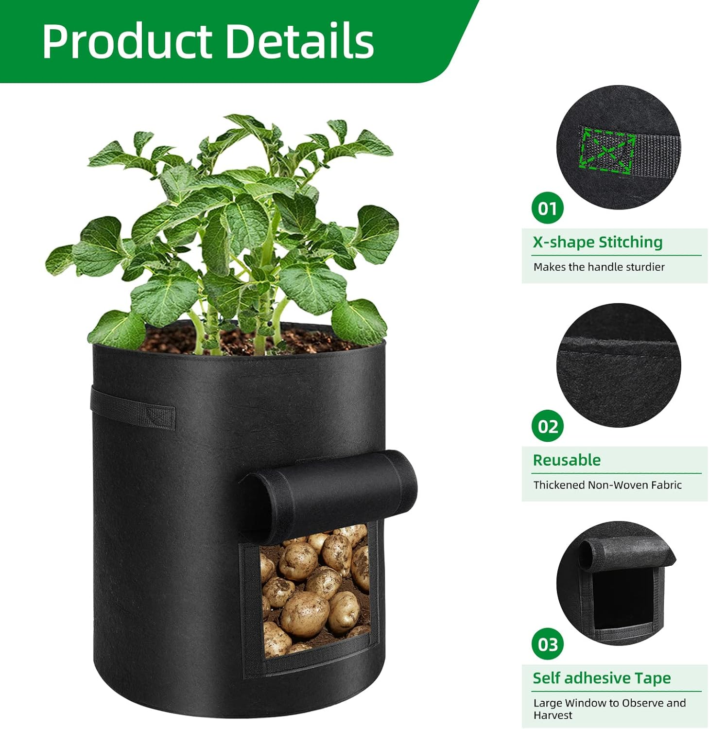 6 Pack Potato Grow Bags, 10 Gallon Planting Bags Large Fabric Pots with Flap Window Vegetable Planter Garden Pot Tall Potato Growing Containers with Handles for Vegetables, Fruits, Black + Grey image number 1