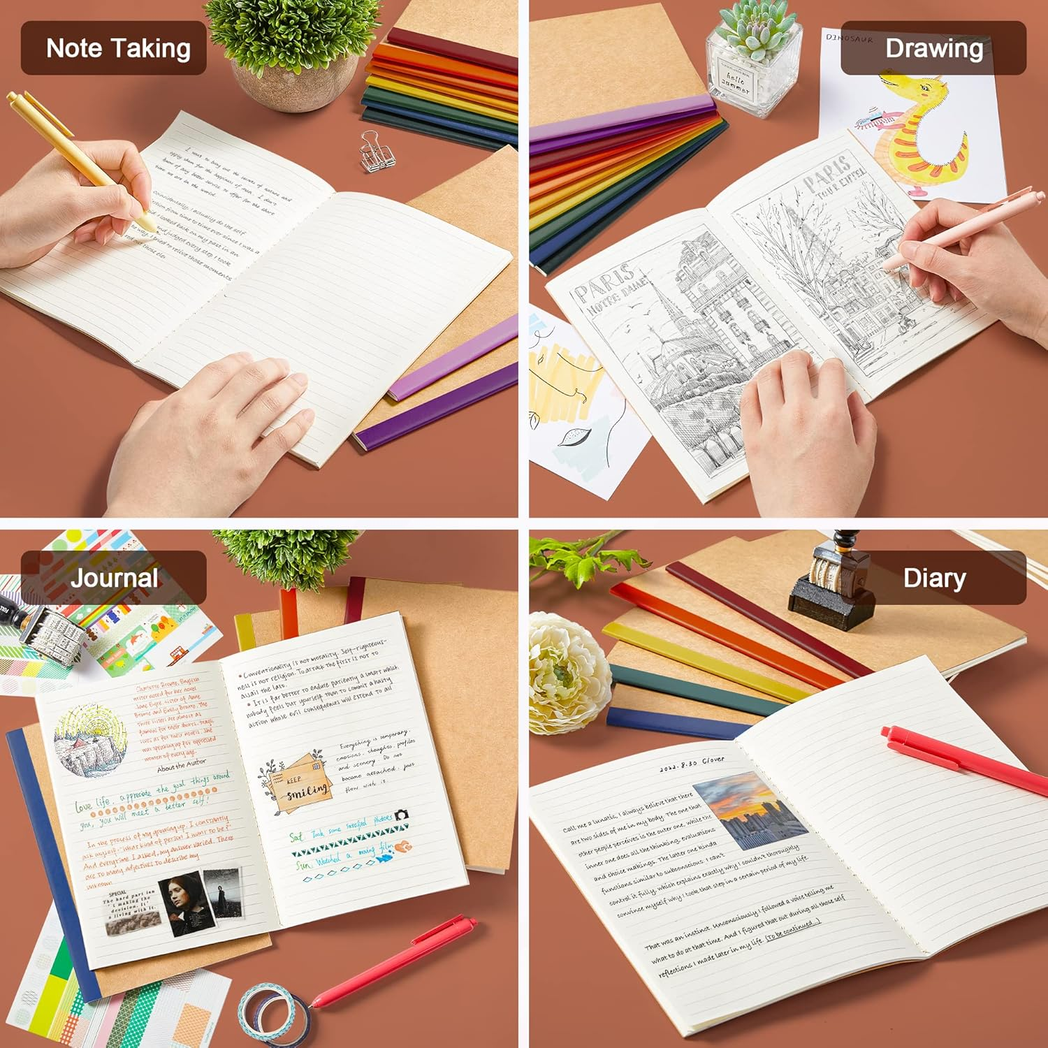 Feela Kraft Notebooks, 16 Pack Kraft Cover Lined Blank College Ruled Travel Journals with Vintage Colours Spines for Women Students Office, 60 Pages, 8.3&rdquo;X 5.5&rdquo;, A5, 8 Vintage Colours