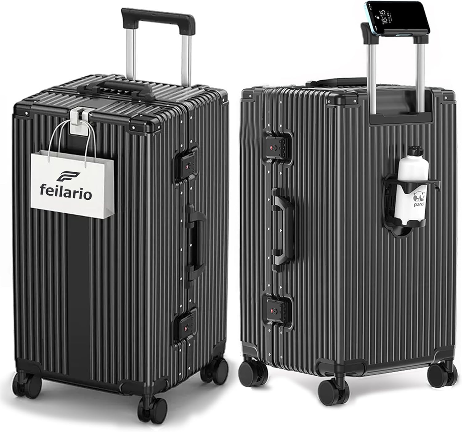 Feilario Aluminum Frame Hardside Spinner Wheels Luggage, Zipperless Checked Super Large Captain Suitcase with Cup Holder/Phone Holder, A-White, 30In, DF-1931