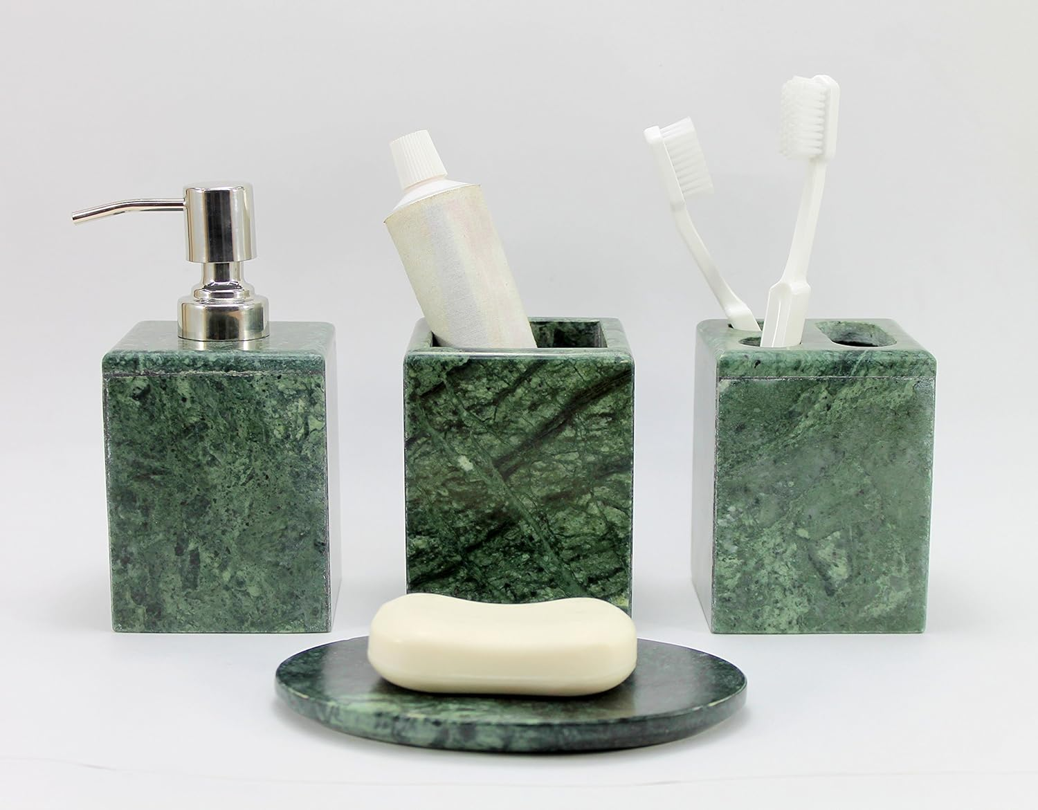 KLEO - Bathroom Accessory Set Made from Natural Green Stone - Bath Accessories Set of 4 Includes Soap Dispenser Toothbrush Holder Tumbler and Soap Dish (Green)