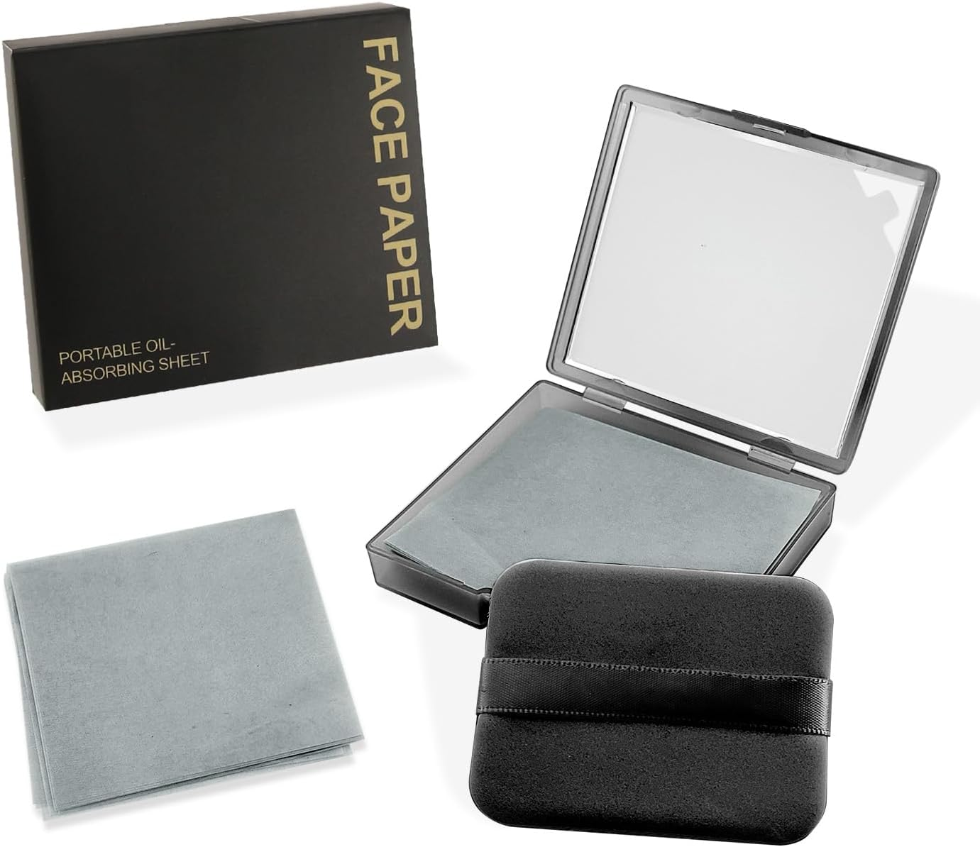 BOROLA 3-In-1 Oil Blotting Paper Set for Face 100 Sheets Oil Absorbing Sheets with Portable Mirror & Adhesive Makeup Puff, Blotting Papers for Oily Skin, Design for Men & Women(White)