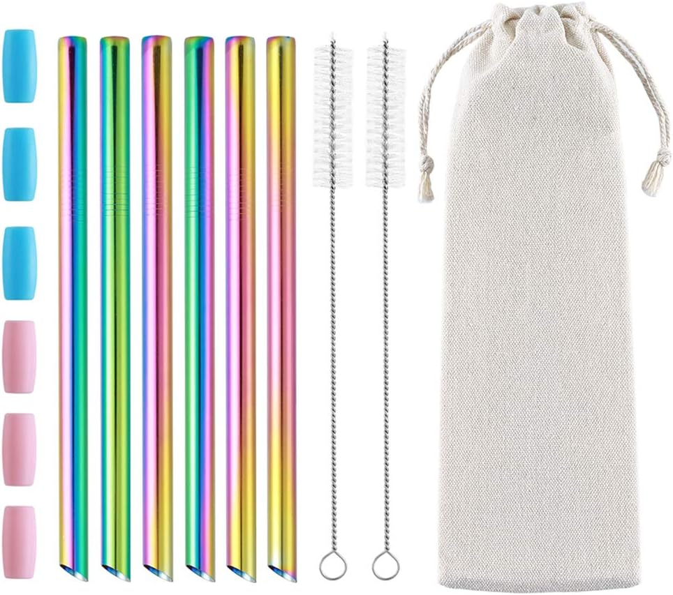 6 Pcs Reusable Bubble Tea Straws, Boba Straws 12Mm Wide Stainless Steel, Angled Tips Metal Straws for Bubble Tea, Milkshakes, Smoothies with Cleanning Brush & Case (Rainbow)
