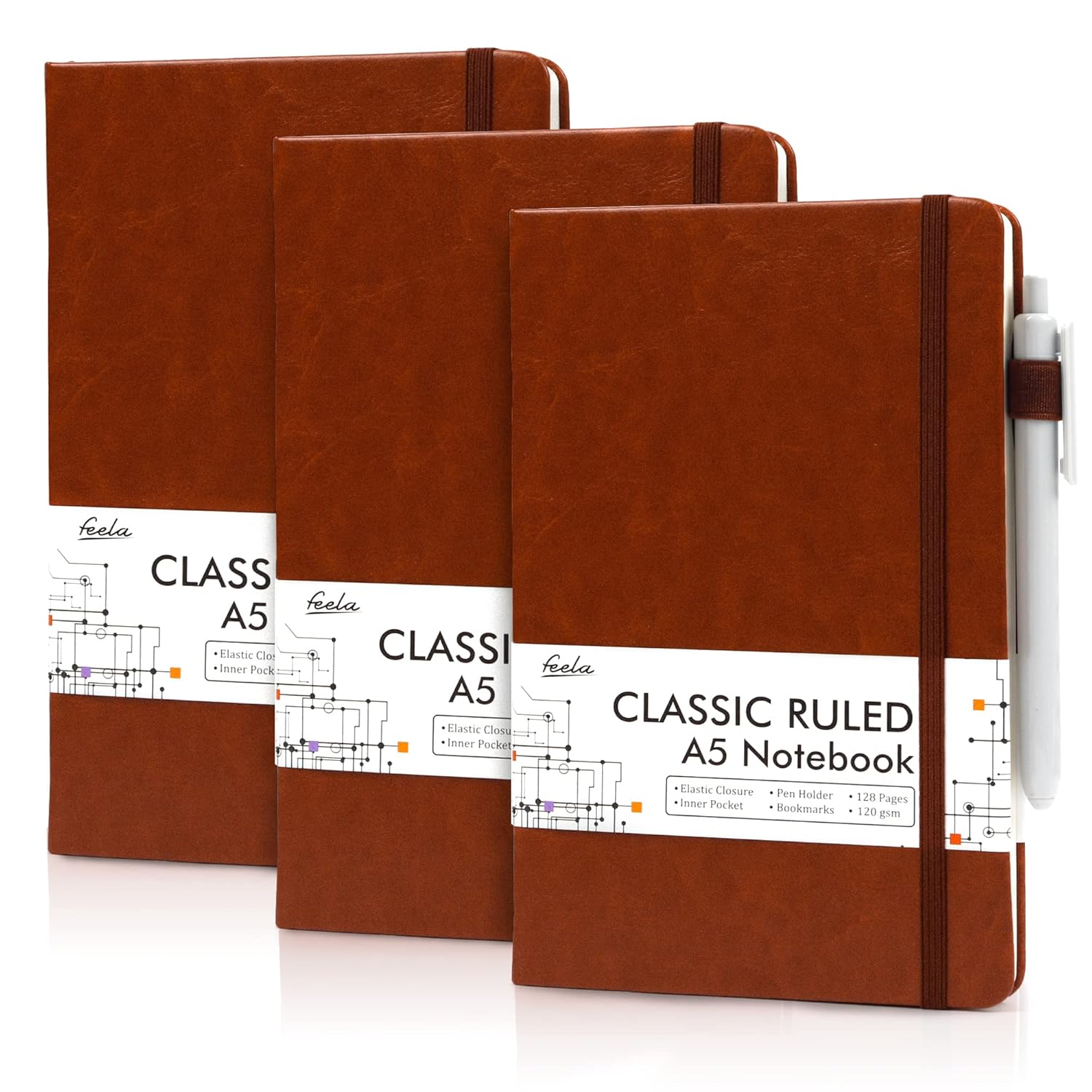 Feela 3 Pack Notebook Journals Bulk with 3 Black Pens, A5 Hardcover Notebooks Classic Ruled Lined Journal Set with Pen Holder for Work Business Journaling Note Taking, 120 GSM, 5.1&rdquo;X8.3&rdquo;, Brown image number 4