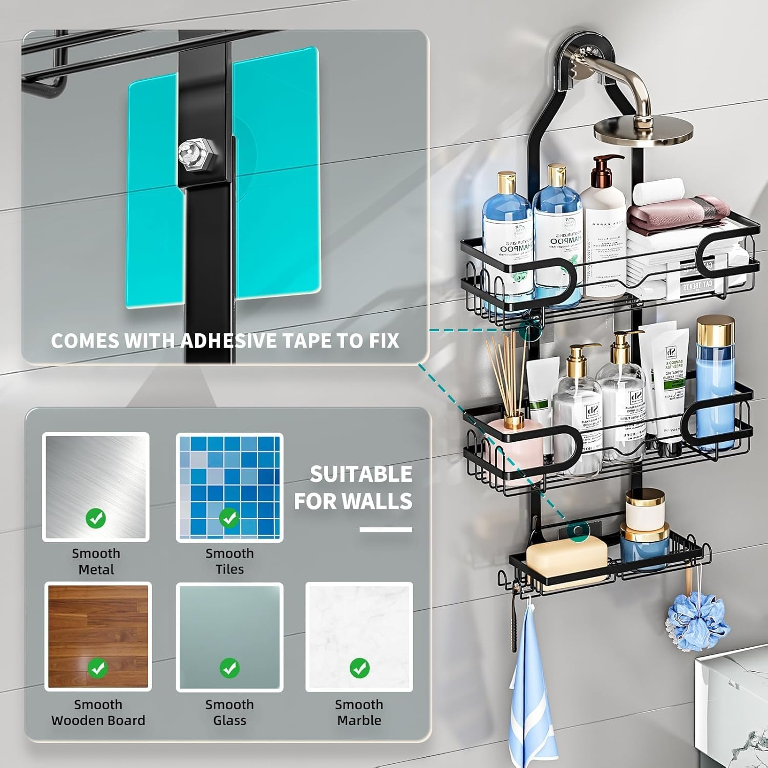 Isyunen over the Shower Caddy Pantry Organizer Rack,Hanging Shower Organizer Shelf,No Drilling over the Shower Storage,Holds Body Wash,Shampoo,Soap,Towel,Black 25D X 9W X 62Hcm image number 4