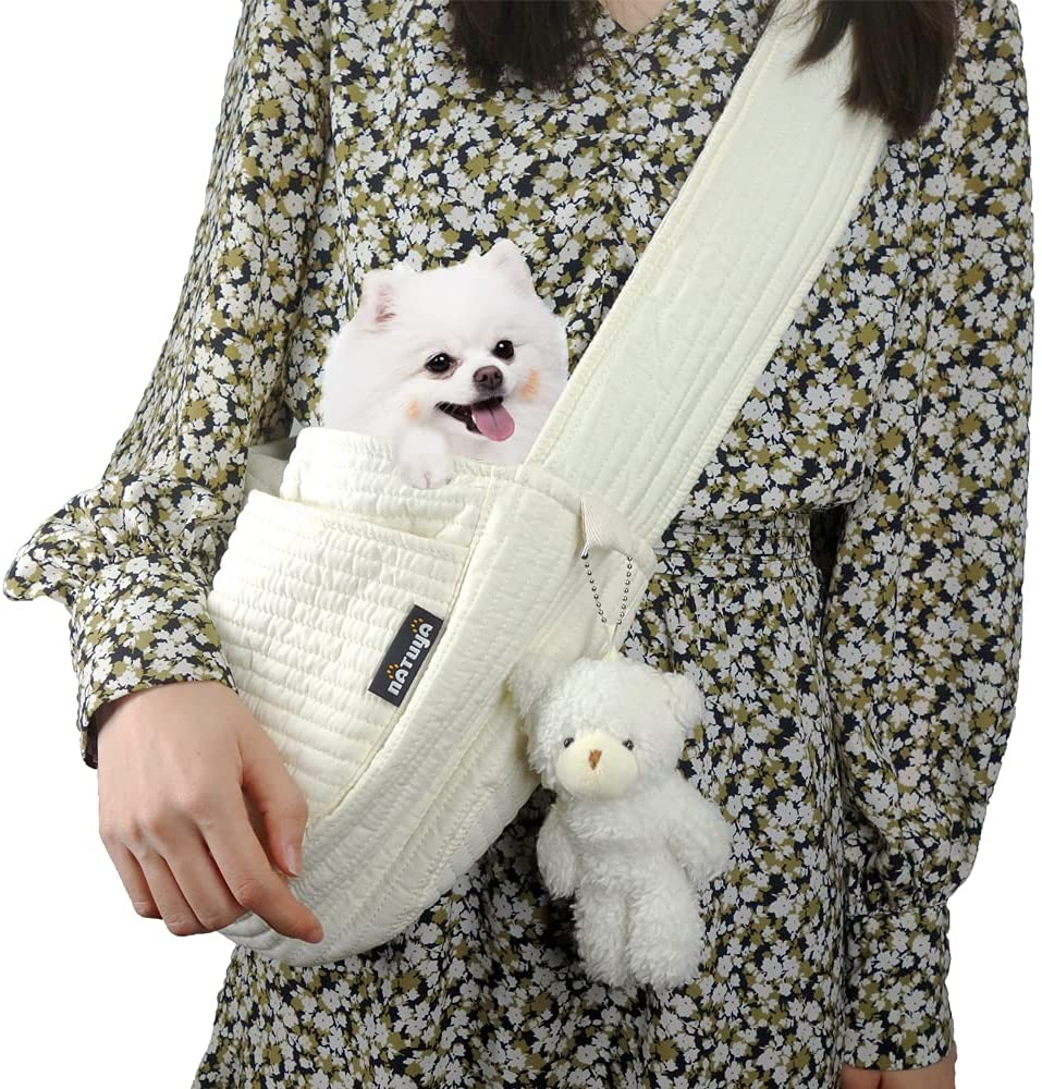 NATUYA Small Dog Carrier Sling Cat Sling-Dog Slings for Carrying Small Dogs-Adjustable Strap Hand Free Pet Puppy for Outdoor Traveling Subway (White, Canvas-Adjustable Strap)
