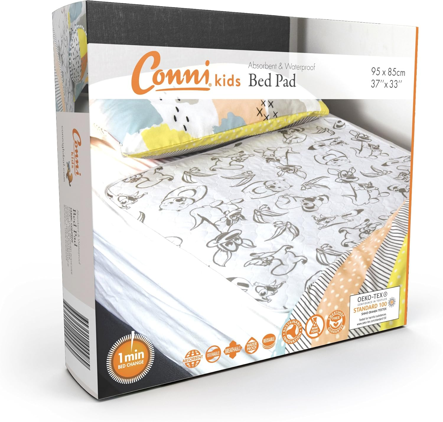 Conni Kids Reusable Bed Pad, Absorbent, Waterproof and Washable Protector Pad for Potty Training and Youth Incontinence, Aussie Animals Print, 95 X 85 Cm