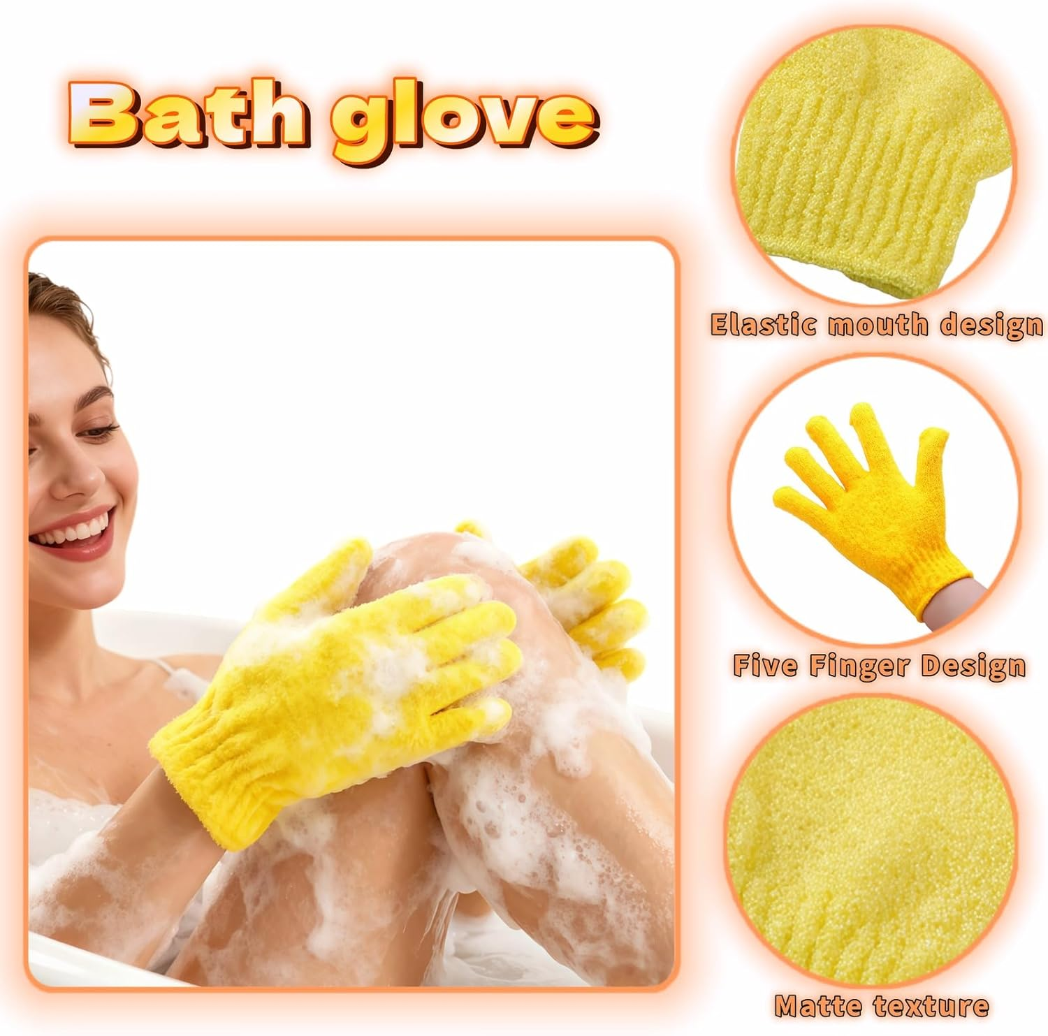 Ryandesign Exfoliating Shower Gloves, 2 Pairs Reinforced Nylon Bath Scrubbing Mitts, Orange and Yellow, One Size Fits All, Body Cleansing Massage image number 2