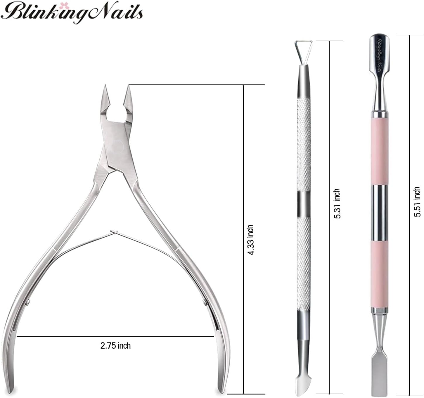 Blinkingnails Nail Cuticle Trimmer with Cuticle Pusher, Cuticle Cutter Nipper Professional Pedicure Manicuer Remover Tool Set,Nail Scraper Nails Clipper, Cuticle Remover Tool 3Pcs image number 1