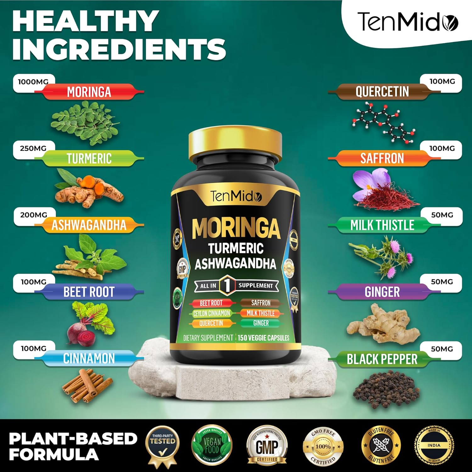 Moringa Oleifera Supplement for Men and Women, 10In1 Formula with Turmeric, Ashwagandha, Ceylon Cinnamon, Beet Root, Saffron & More - 150 Capsules image number 4