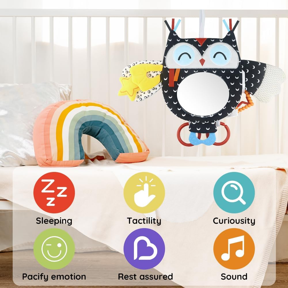 Baby Activity Hanging Toy with In-Sight Car Mirror, Adjustable for Car Seats, Strollers, Cribs, and Tummy Time, with Rattles, Crinkle Sounds, and Animal Design (Owl)