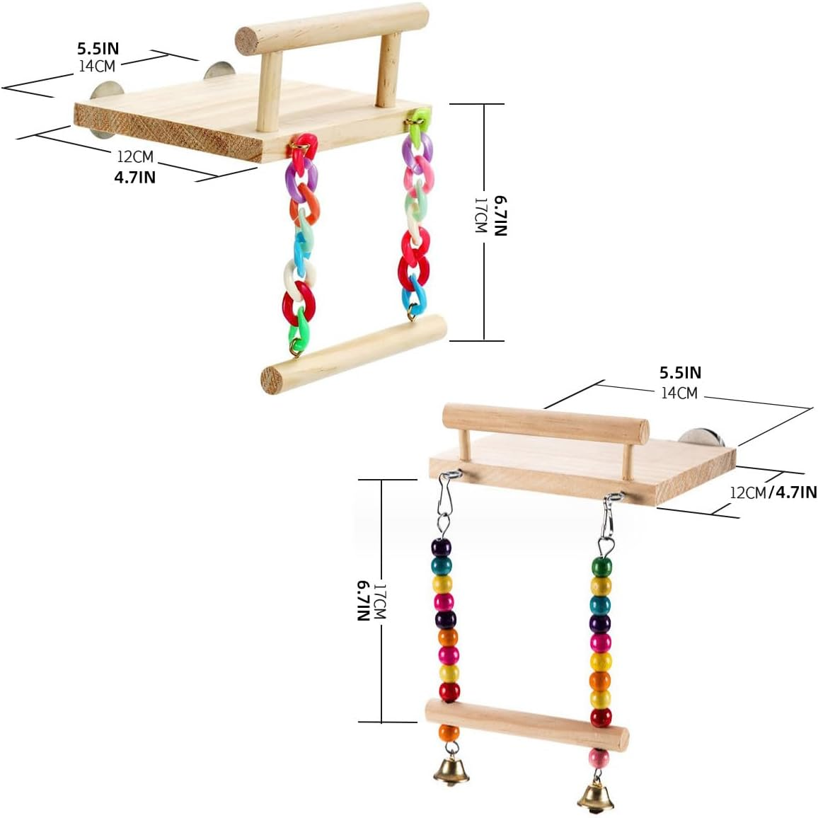 AIMALL Wooden Bird Swing with Platform for Small Parrots Cage Accessories Colourful Hanging Toy with Metal Hooks for Budgies Lovebirds Finches 5.5X4.7X6.7In - B image number 3