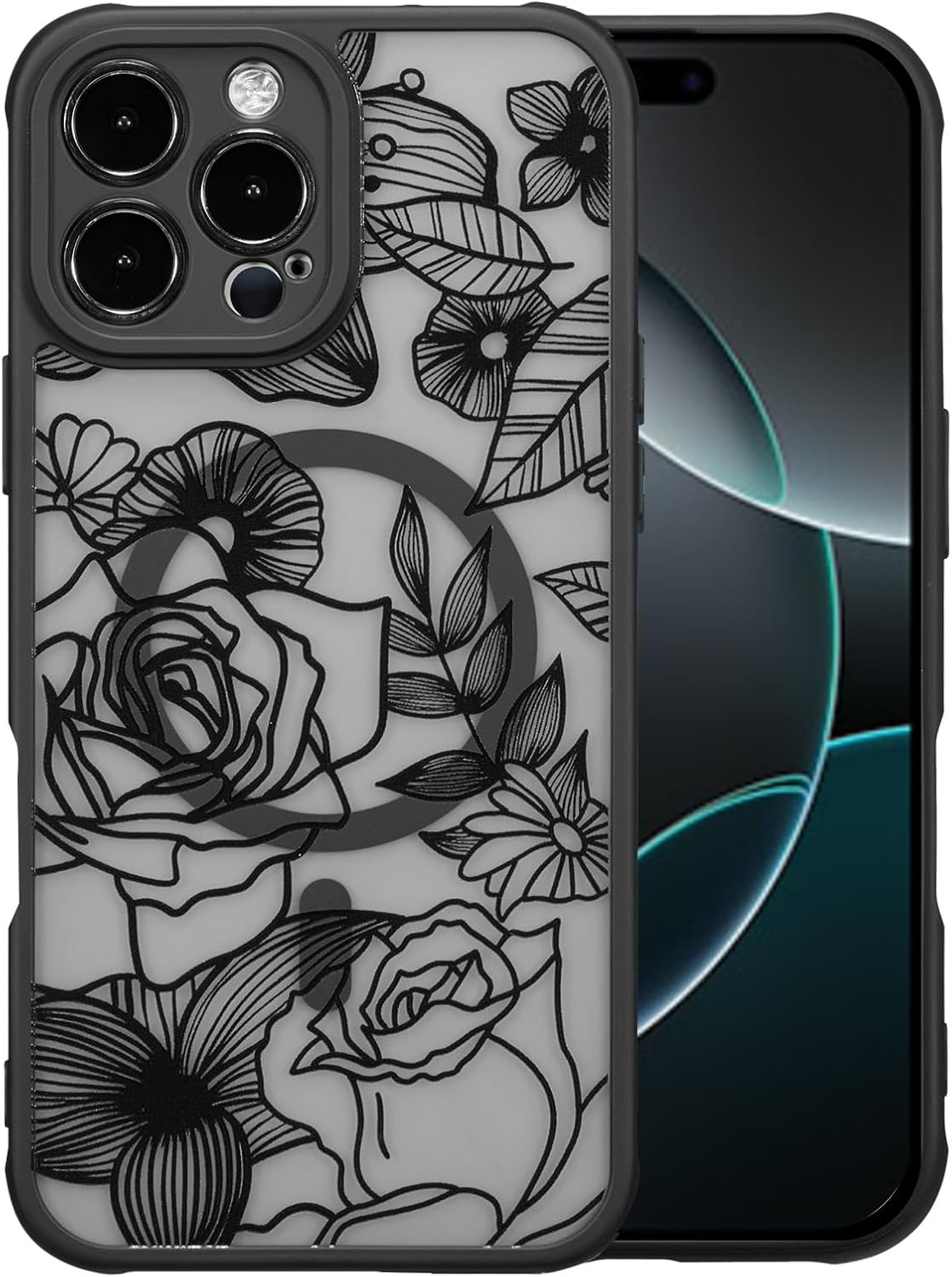 XIZYO for Iphone 16 Pro Case, Floral Rose Cute Phone Case for Women Girls Aesthetic Pattern Print Slim TPU Bumper Shockproof Protective Cover for Iphone 16 Pro 6.3 Inch, Black
