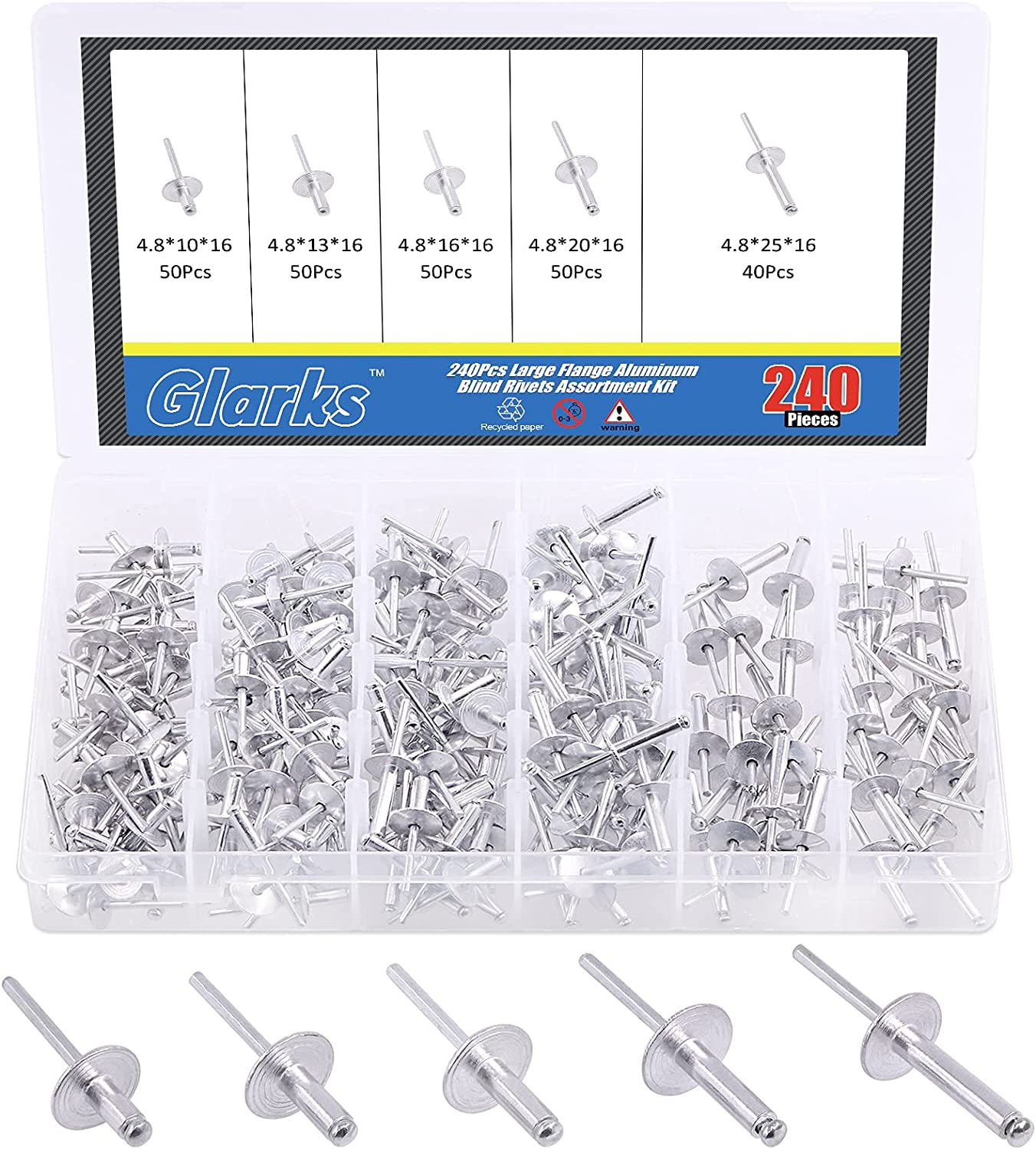 Glarks 240Pcs 3/16" X 3/8'' / 1/2'' / 5/8'' / 3/4'' / 1'' Large Flange Blind Rivets 5 Szie Aluminum Pop Rivets Assortment Set image number 4