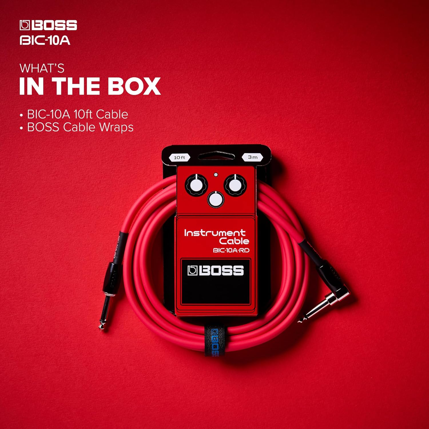 BOSS BIC-10A Series | Instrument Cable | Straight to Right-Angle &frac14;-Inch Connectors | 10Ft./3M Length | High-Quality Cables for Guitar, Bass & More | Quiet Operation & Durable | Red image number 4