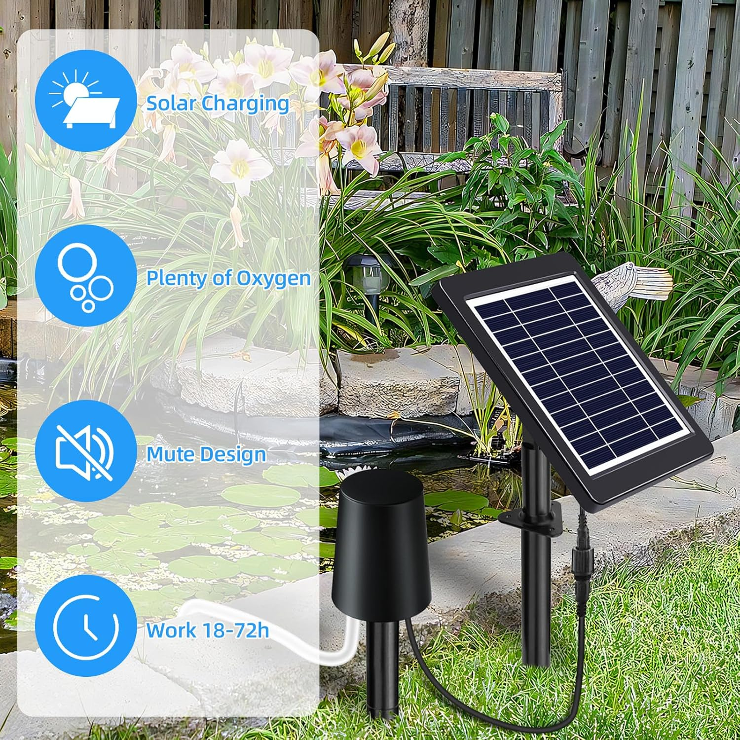 Solar Pond Aerator with Air Pump 3 Modes 4W Air Oxygen Pump with Pipe 2 Air Bubble Stones No Noise Solar Powered Pond Aerator for Pond Stock Tank Fishing Hydroponics
