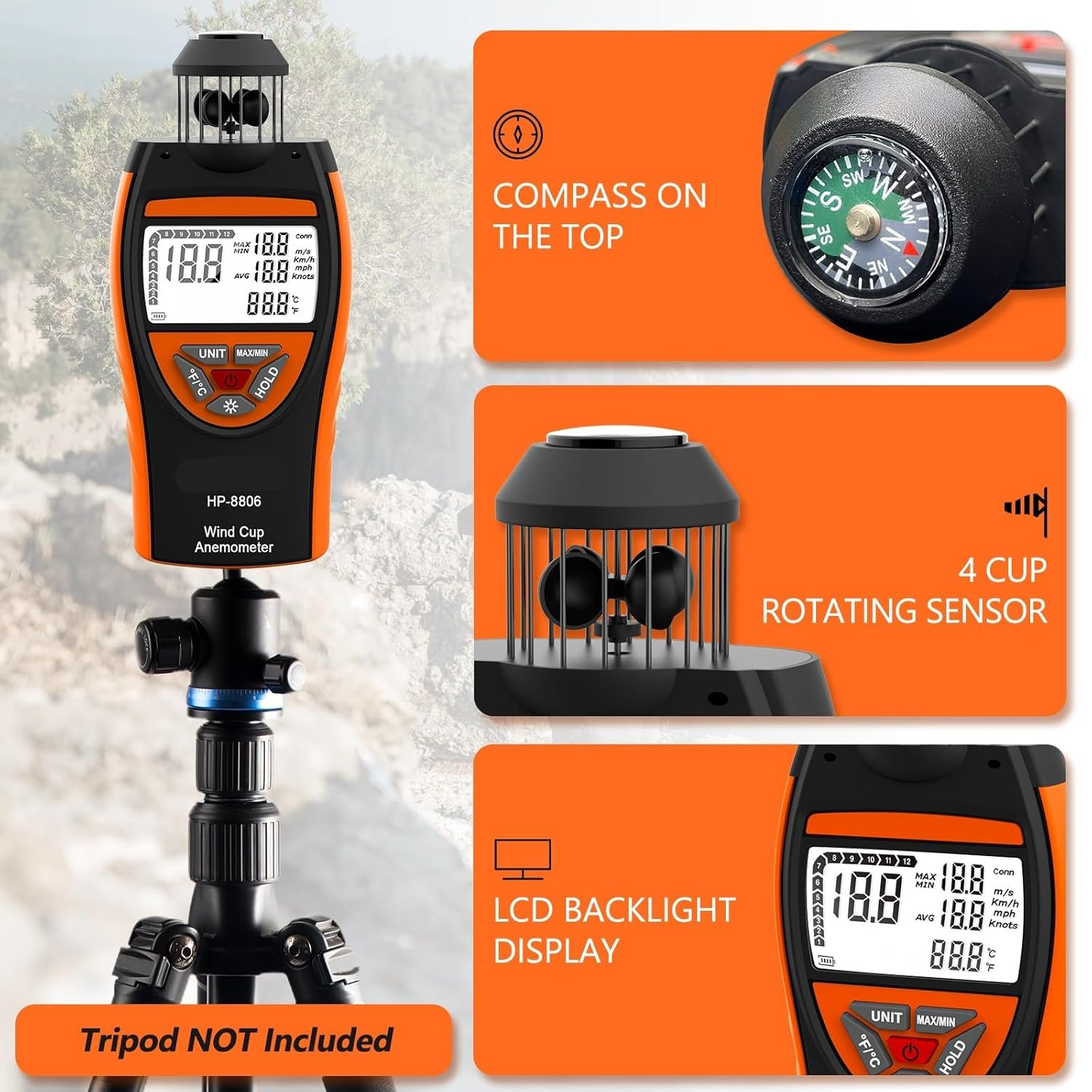 Anemometer with Temperature Measurement, Wind Speed Meter, Outdoor Wind Gauge, for Mountaineering & Sailing image number 6