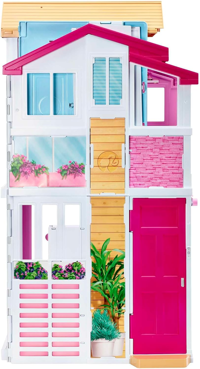 Barbie Doll House Playset, 3-Story Townhouse with 4 Rooms & Rooftop Lounge, Furniture & Accessories Including Swinging Chair (Amazon Exclusive) image number 4