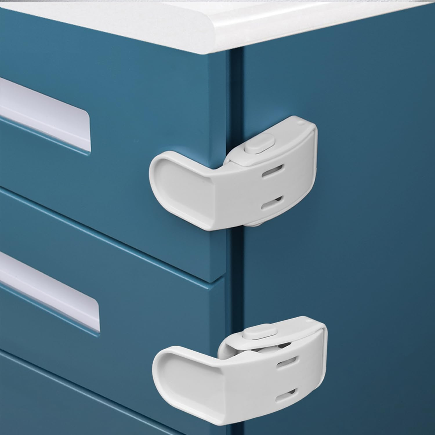 4 Pack Drawer Locks Baby Proofing, Child Proof Cabinet Locks for 0-12 Month Baby Safety Botton Lock for Drawers Side Furniture Latches Corner Edges (White) image number 5