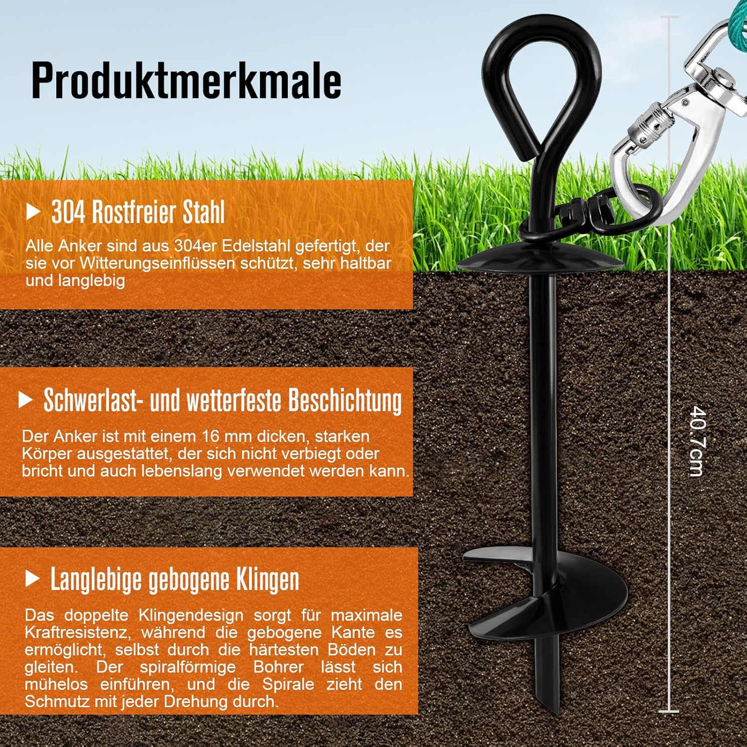 Ground Anchor Dog, Spiral Blade Anchor Stake for Dogs, Large, Robust Anchor Spike for Hanging the Cable Chain in the Garden or at the Beach, Bending or Pulling Out for Medium or Large, up to 225 Lbs image number 2