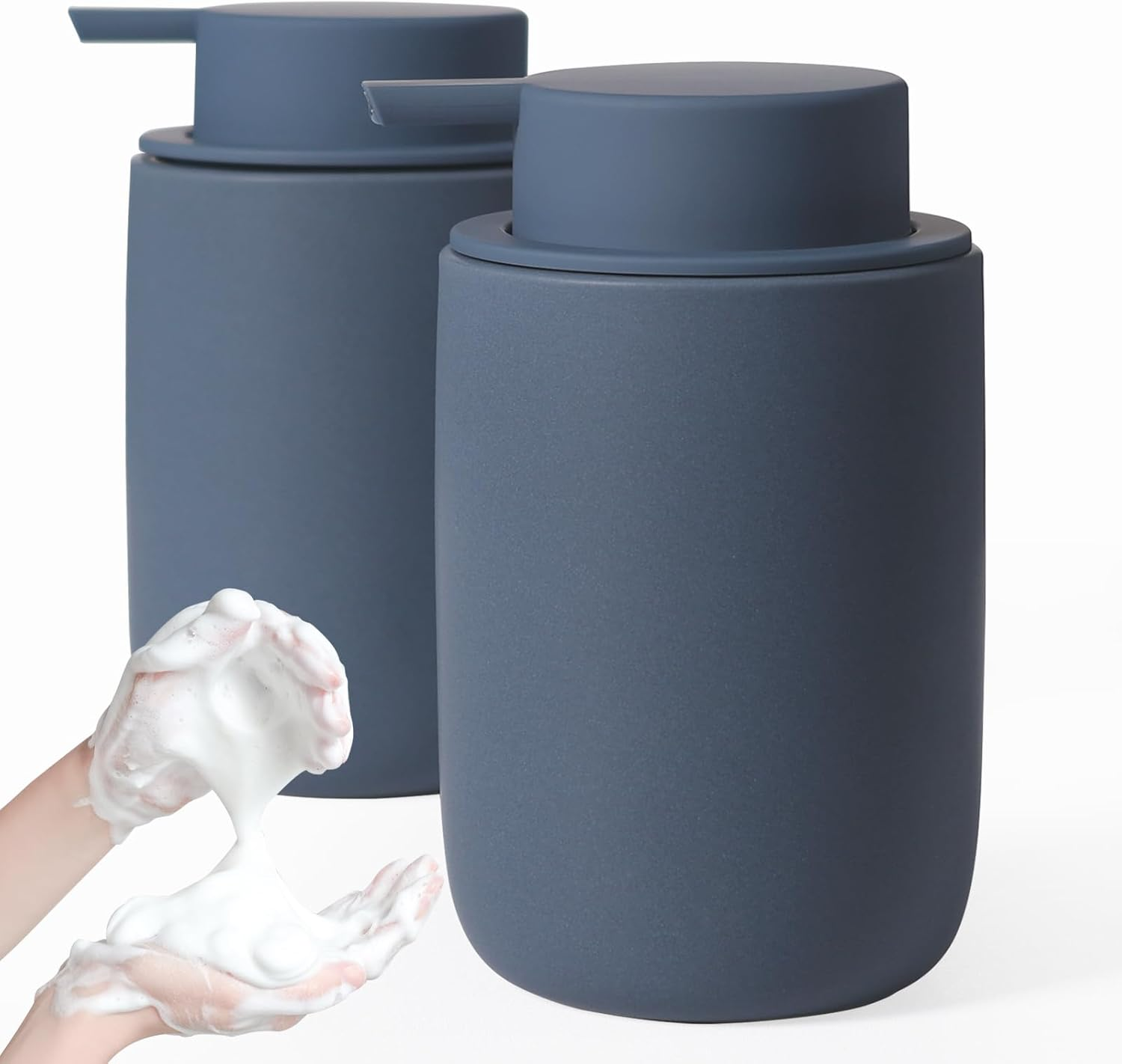 Autumnlife Ceramic Soap Dispenser Set, Grey, Pack of 2 Washing-Up Liquid Dispenser, 350 Ml Soap Dispenser with Large Pump and Label, Refillable Dish Soap Dispenser, Suitable for Kitchen, Bathroom,