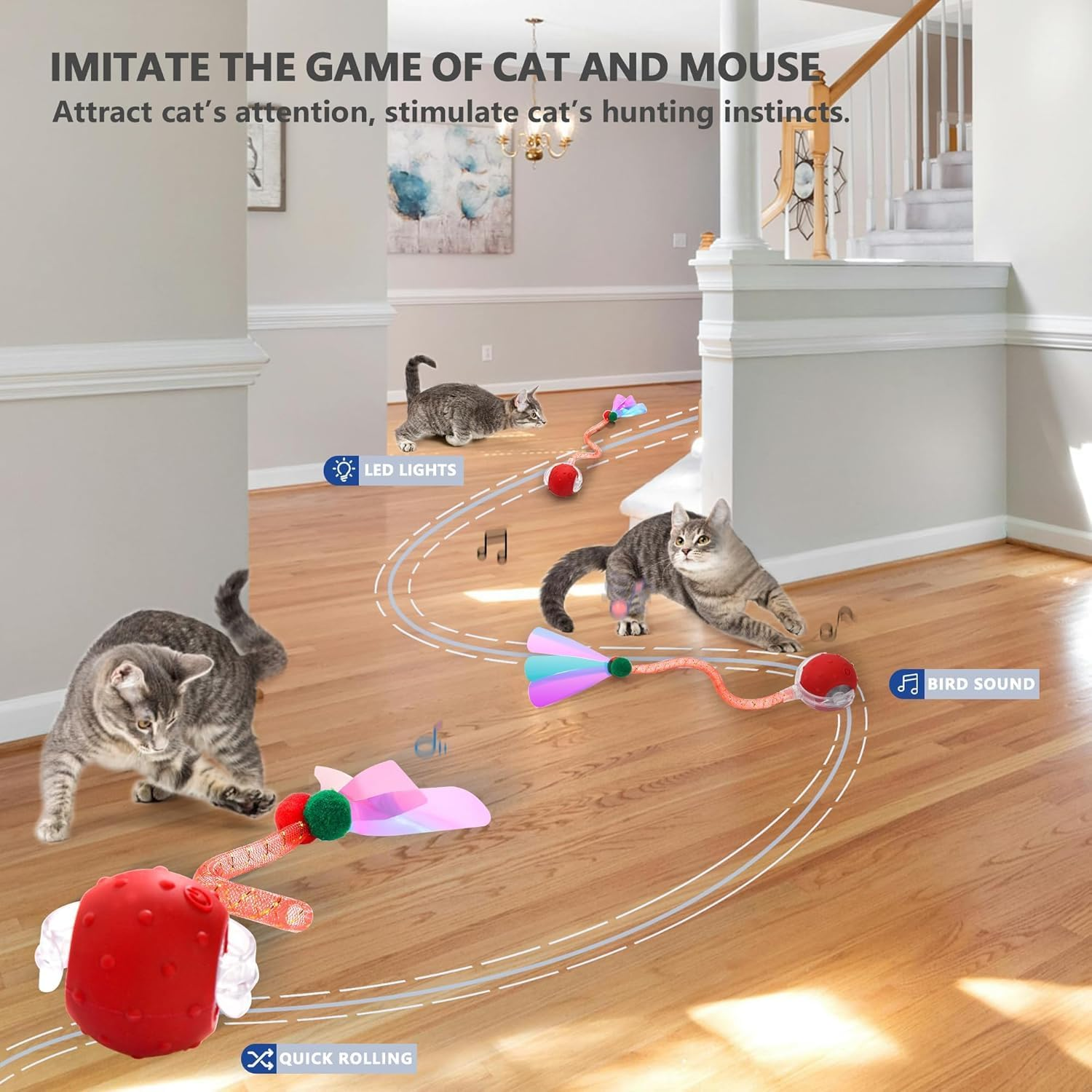 Interactive Cat Toys for Indoor Cats, Generation Agile Moving Cat Ball with Elastic Mesh Tail, Automatic Kitten Toys for Bored Indoor Cats, Chirping & Motion Activate Cat Toys image number 4
