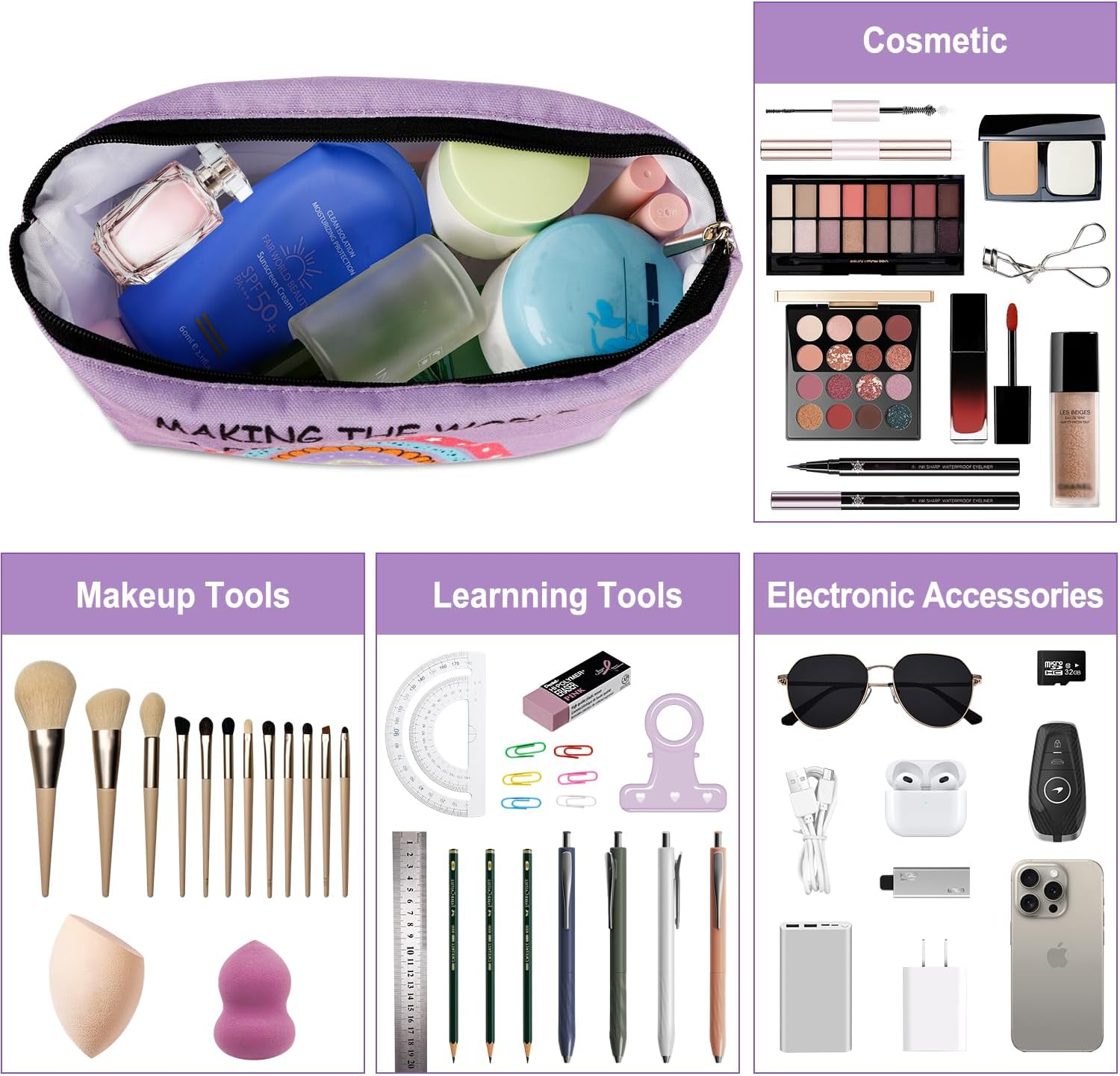 Yeohjoy 15Th Birthday Gifts for Girls: Purple Rainbow Makeup Bag & Inspirational Keychain, Perfect for Daughter, Niece, Granddaughter, Travel & Daily Use image number 4