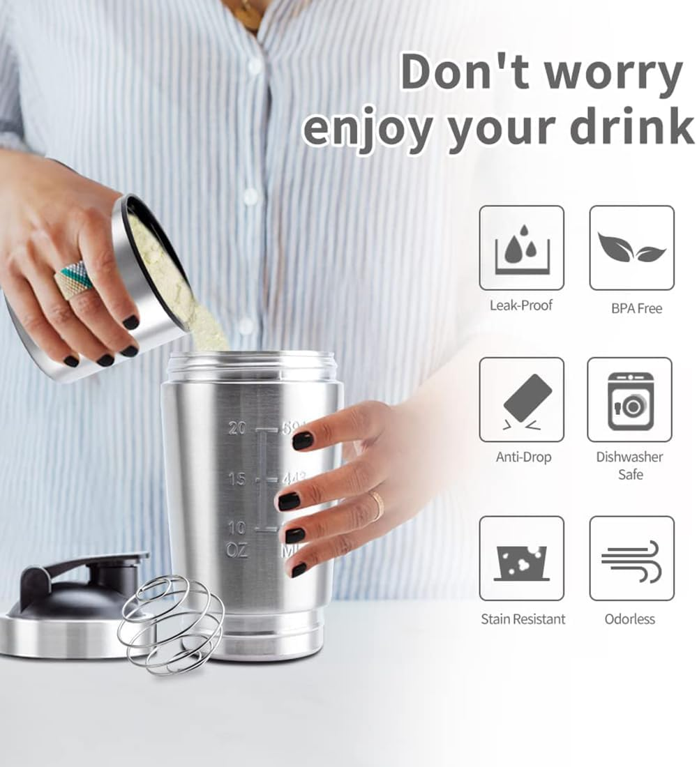 304 Stainless Steel Protein Mixer Cup, Single Layer Protein Shaker Bottle with Bottom Powder Storage, 2 Sections, Leak Proof Supplement Bottle with Detachable Strainer, Easy-Carry Handle [27Oz] image number 2