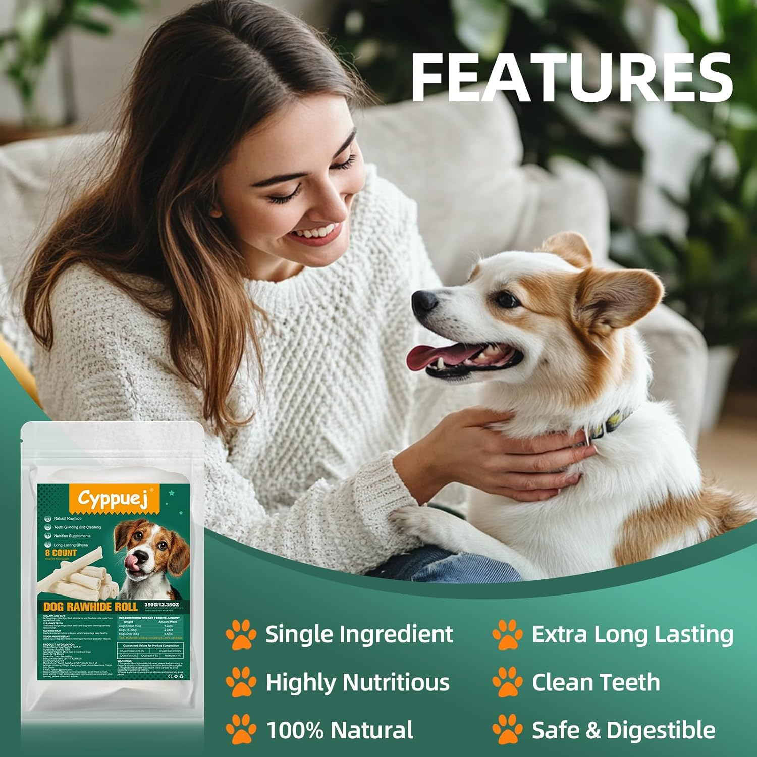 Dog Rawhide Rolls,Long Lasting Dog Rawhide Free Chews for Aggressive Chewers,5-6 Inch Single Ingredient Dog Rawhide Bones for Midium Large Dogs (8 Count (Pack of 1)) image number 1