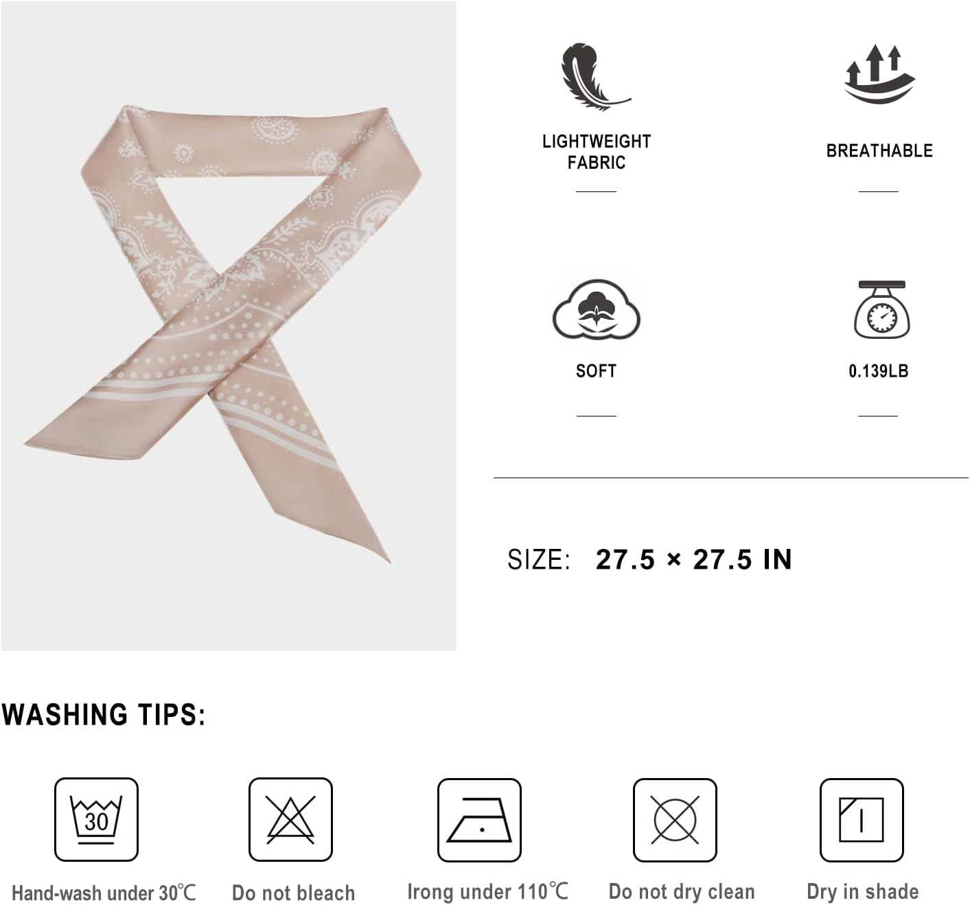 VANLINKER 27.5 Inches Silk Head Scarf for Women Men Vintage Bandanas Satin Hair Scarf Silk Wrap Neck Square Scarves VL9549 - Black+Caramel+Oatmeal image number 7