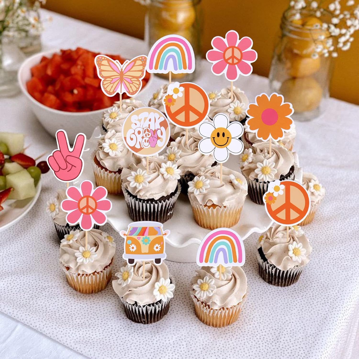 SYKYCTCY 36 Pack Hippie Party Cupcake Toppers Peace Sign Hand Butterfly Two Groovy Cupcake Picks Flower Bus 60S Retro Boho Cake Decorations for Hippie Two Groovy Carnival 2Nd Birthday Party Supplies image number 2