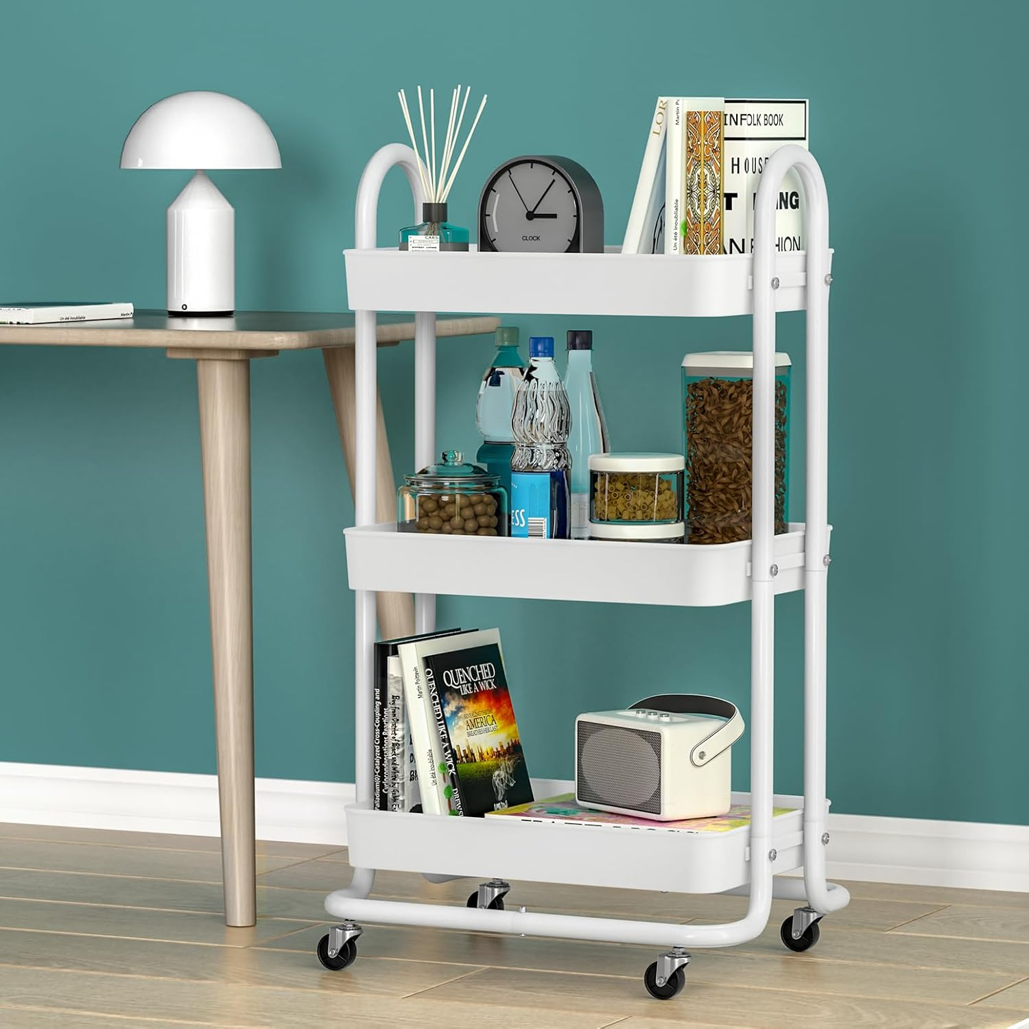 Artiss 3-Tier Kitchen Trolley, Steel Frame Kitchens Storage Rolling Trolleys Cart with Wheels Rack Shelf Organiser, Home Bathroom Wardrobe Laundry Storage Organization Bonus 4 Hooks White