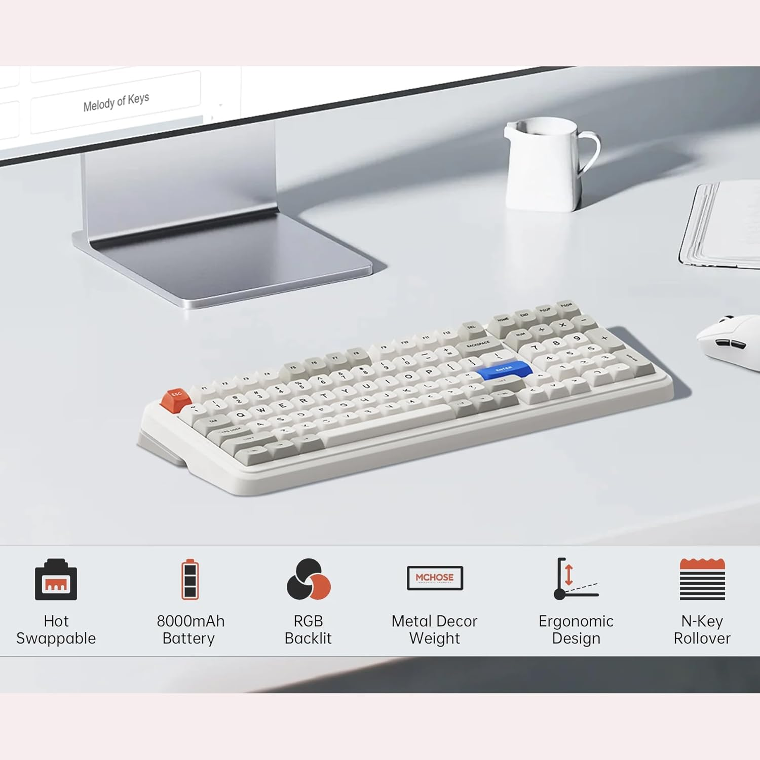 MCHOSE K99 V2 98% RGB Wireless Mechanical Keyboard for Win/Mac/Linux, Tri-Mode Bt5.0/Usb-C/2.4Ghz Hot Swappable Custom Keyboard with 6-Layer Padding Gasket, 8000Mah Battery, NKRO for Win/Mac/Linux image number 2